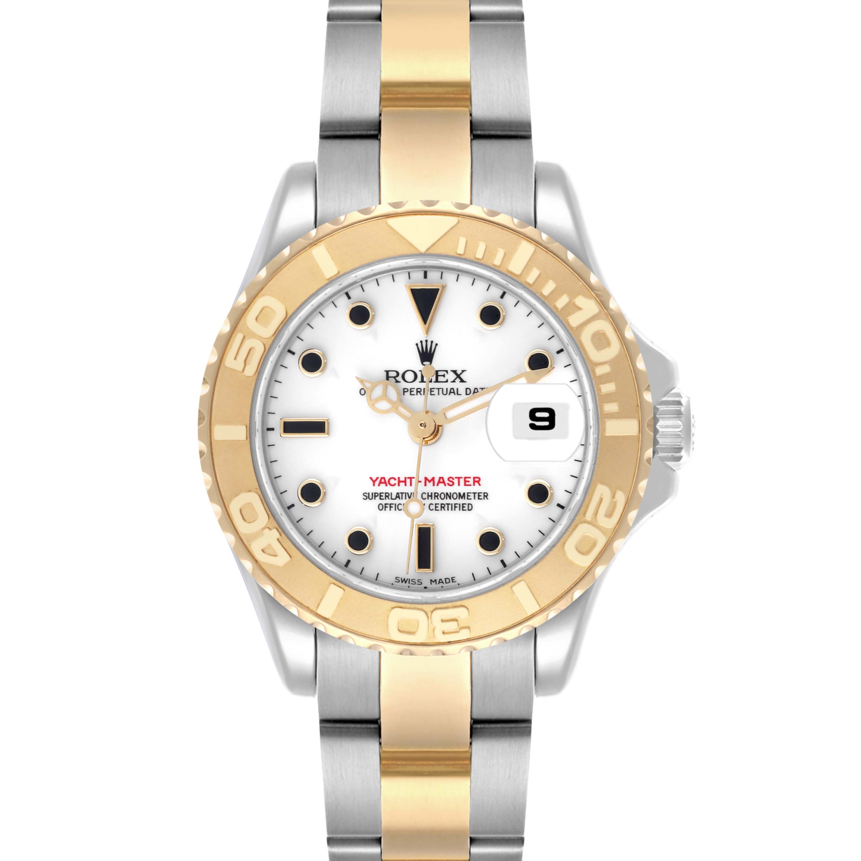 The Rolex Yacht-Master 169623 Women
s Steel and Gold (two tone) White Dial 169623 Women
s Steel and Gold (two tone) White Dial watch is shown from a front angle, displaying the dial, bezel, and bracelet.