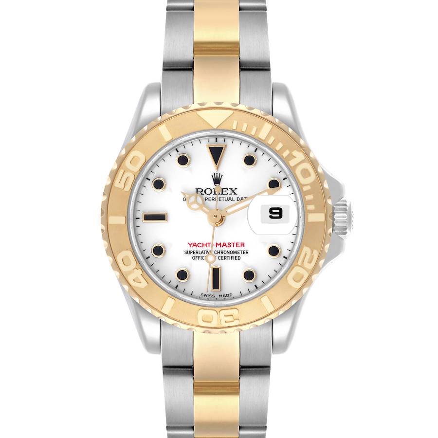 The Rolex Yacht-Master watch is shown from a front angle, displaying the dial, bezel, and bracelet.