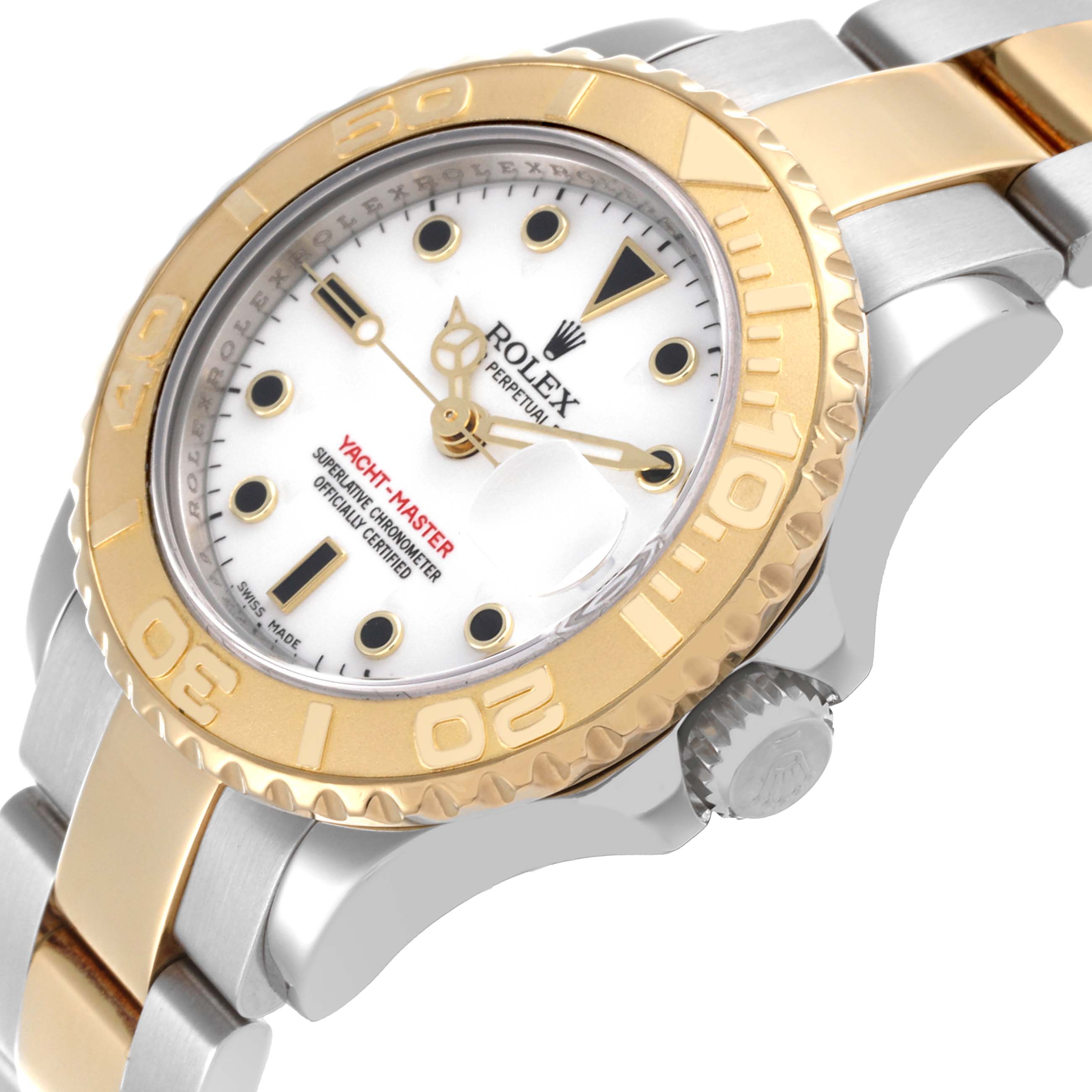 The image shows a Rolex Yacht-Master 169623 Women
s Steel and Gold (two tone) White Dial 169623 Women
s Steel and Gold (two tone) White Dial watch at an angle highlighting the bezel, dial, crown, and part of the bracelet.