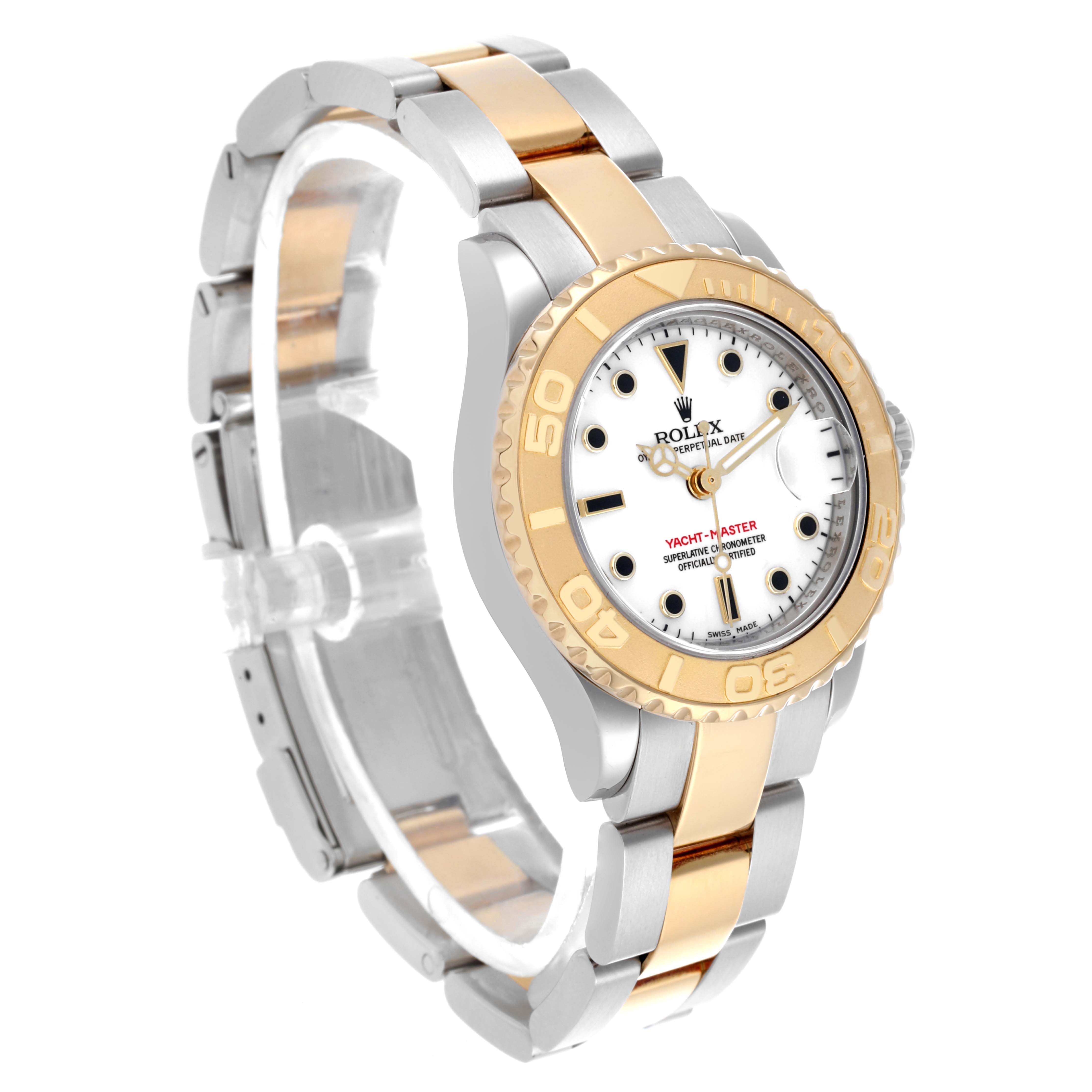 The Rolex Yacht-Master 169623 Women
s Steel and Gold (two tone) White Dial 169623 Women
s Steel and Gold (two tone) White Dial watch is shown at a three-quarter angle, displaying its two-tone bracelet and bezel.