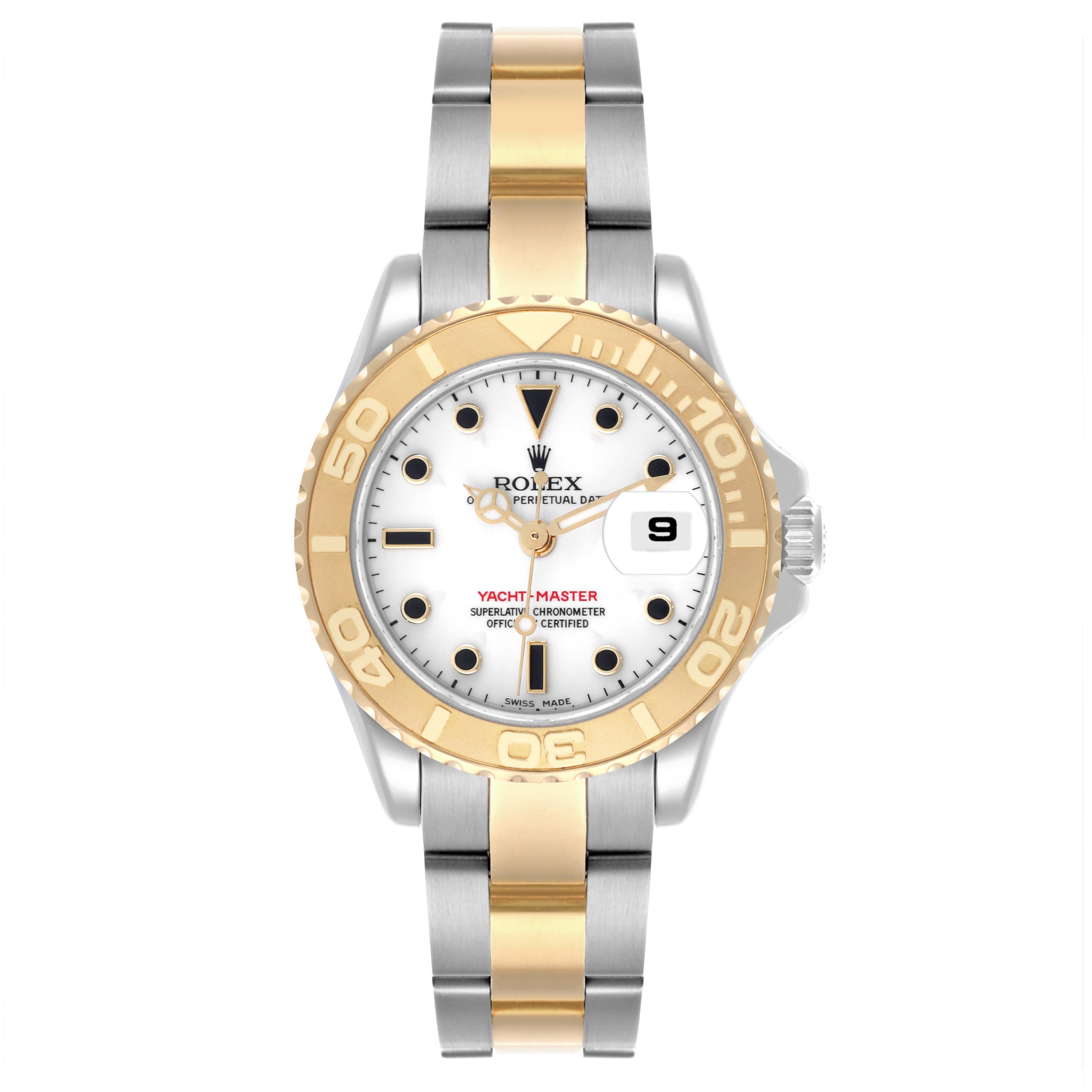 The Rolex Yacht-Master 169623 Women
s Steel and Gold (two tone) White Dial 169623 Women
s Steel and Gold (two tone) White Dial watch is shown from a front angle, displaying its dial, bezel, and bi-metal bracelet.