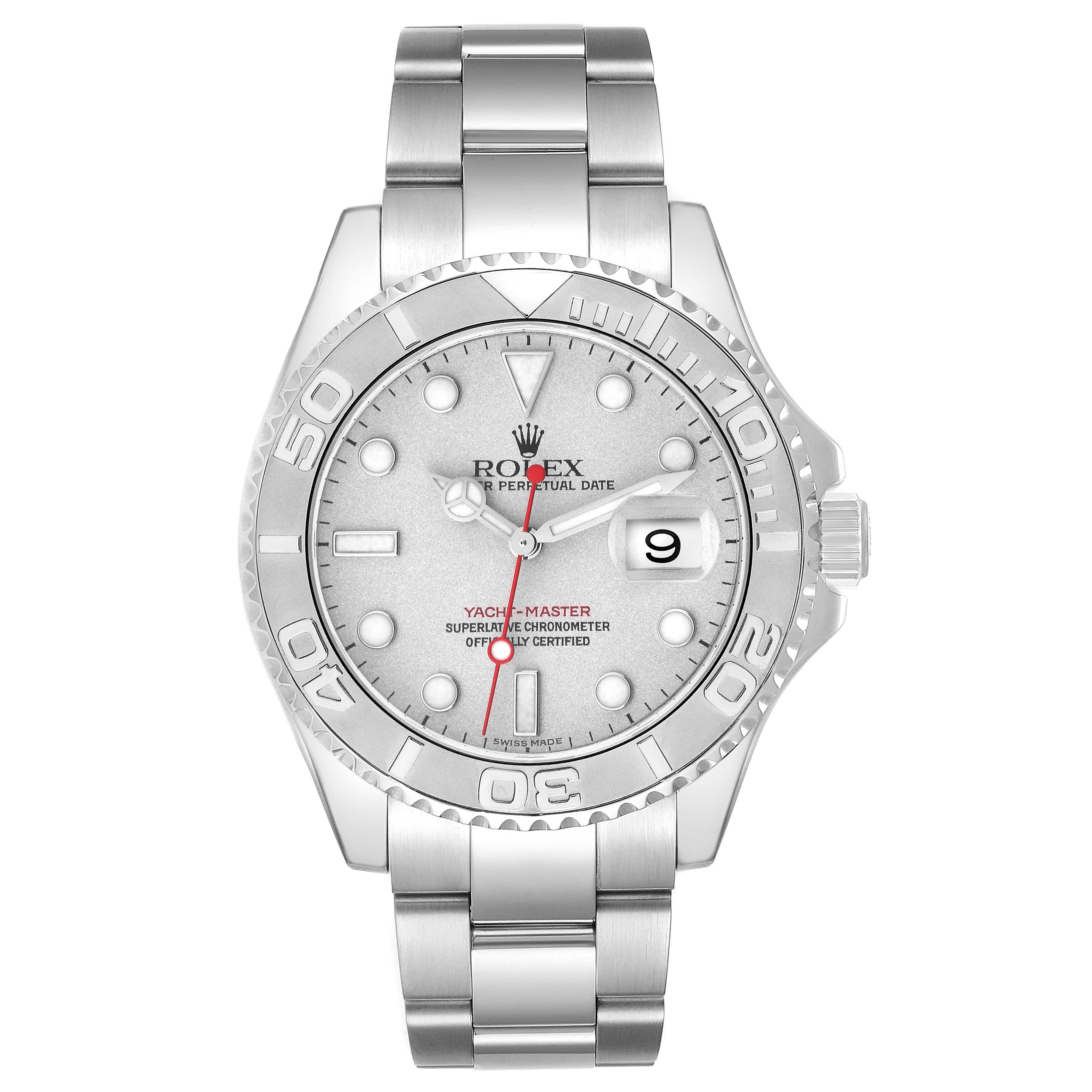 This Rolex Yacht-Master 16622 Men's Stainless Steel Silver Dial 16622 Men's Stainless Steel Silver Dial watch is shown from a front view, highlighting the dial, bezel, bracelet, and crown.