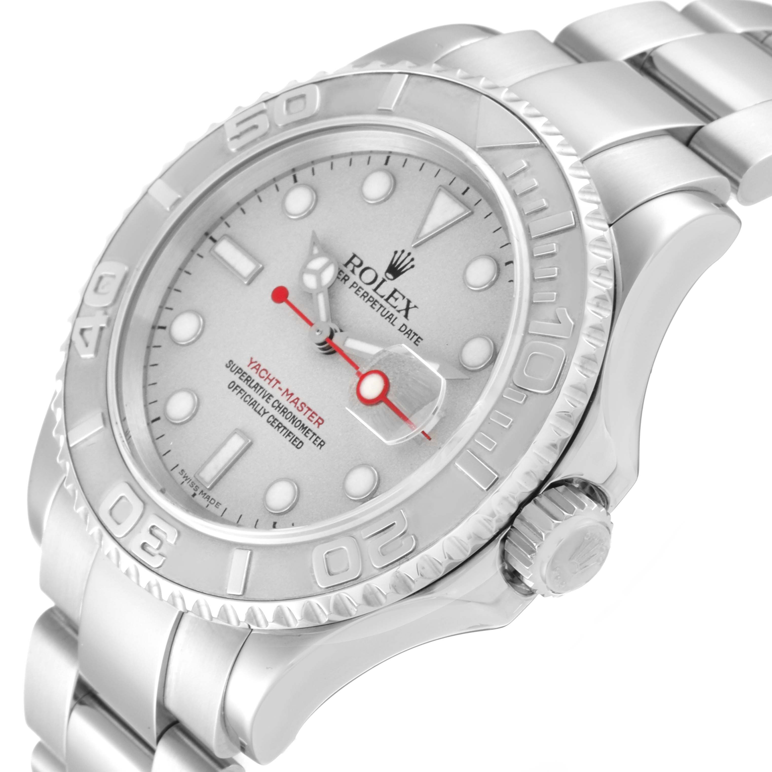 The image shows a Rolex Yacht-Master 16622 Men's Stainless Steel Silver Dial 16622 Men's Stainless Steel Silver Dial watch at an angled close-up, highlighting the dial, bezel, crown, and part of the bracelet.