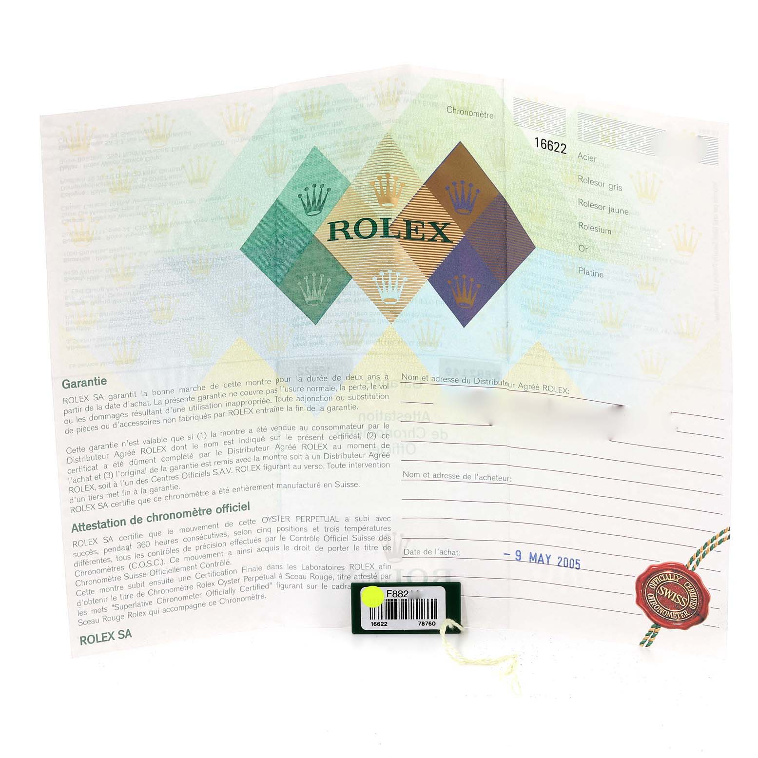 The image shows documentation for the Rolex Yacht-Master 16622 Men's Stainless Steel Silver Dial 16622 Men's Stainless Steel Silver Dial watch, including warranty and authenticity papers.