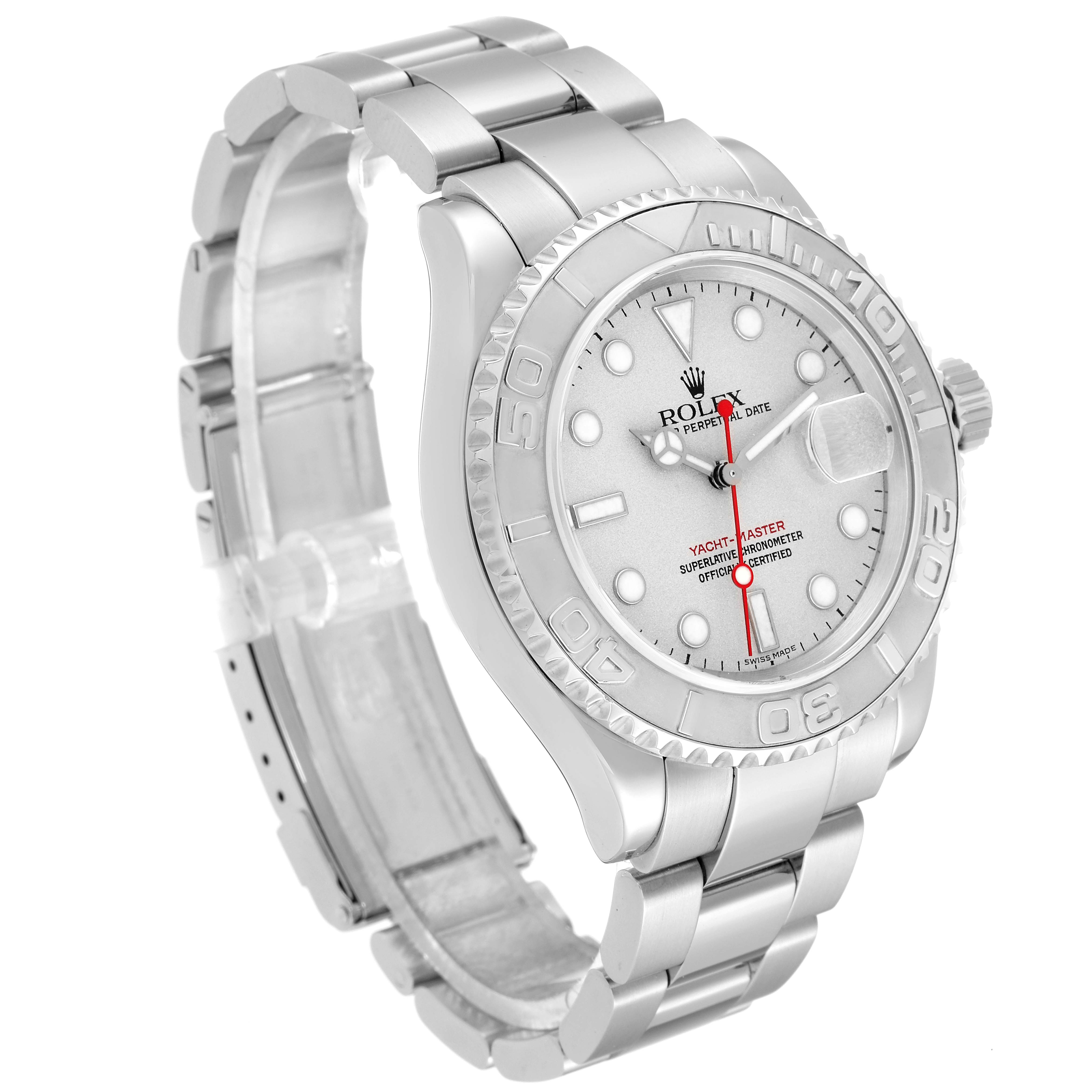 The image shows a Rolex Yacht-Master 16622 Men's Stainless Steel Silver Dial 16622 Men's Stainless Steel Silver Dial watch angled to display the face, bezel, crown, and part of the bracelet.