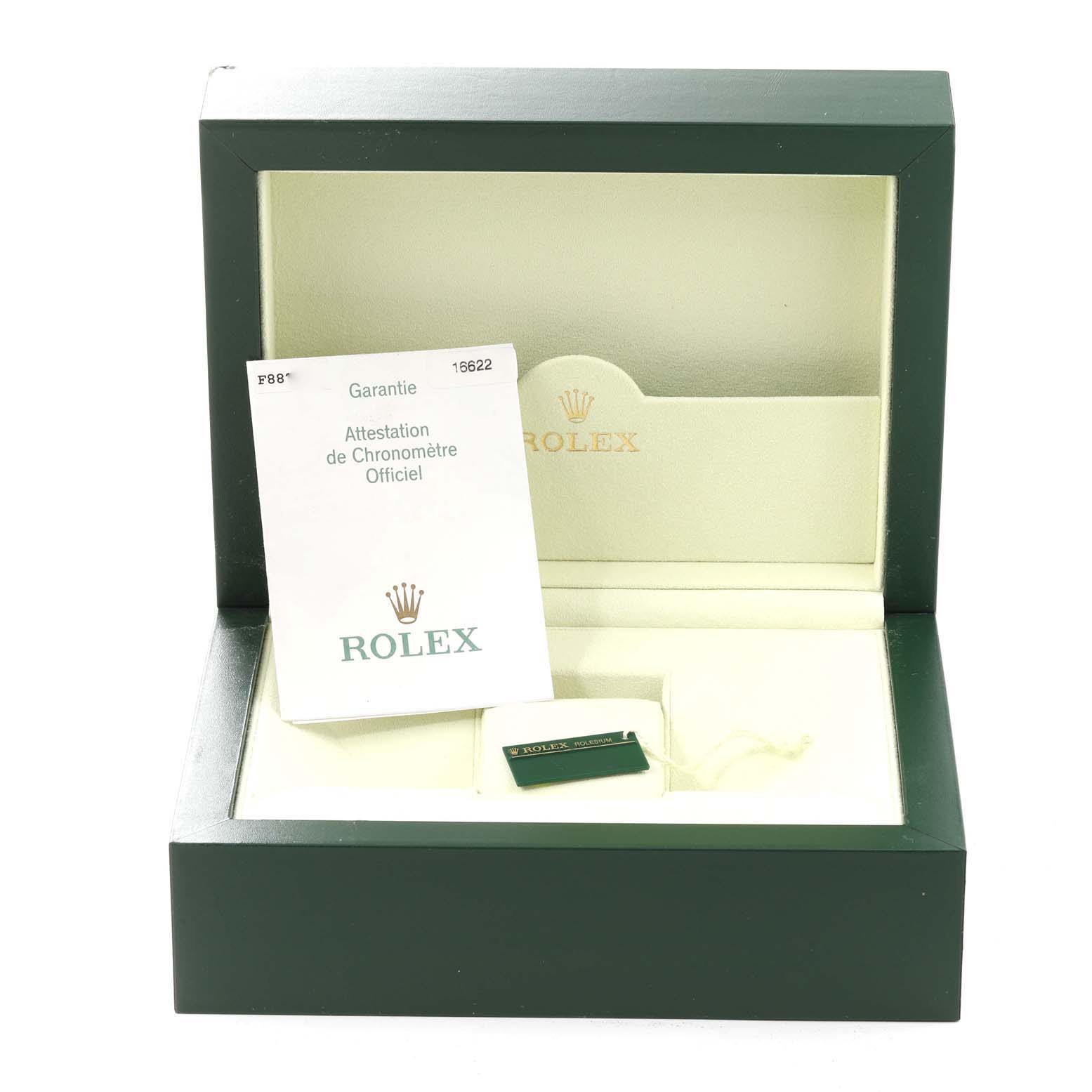 The image shows the open box of a Rolex Yacht-Master 16622 Men's Stainless Steel Silver Dial 16622 Men's Stainless Steel Silver Dial watch with warranty papers and tags inside.