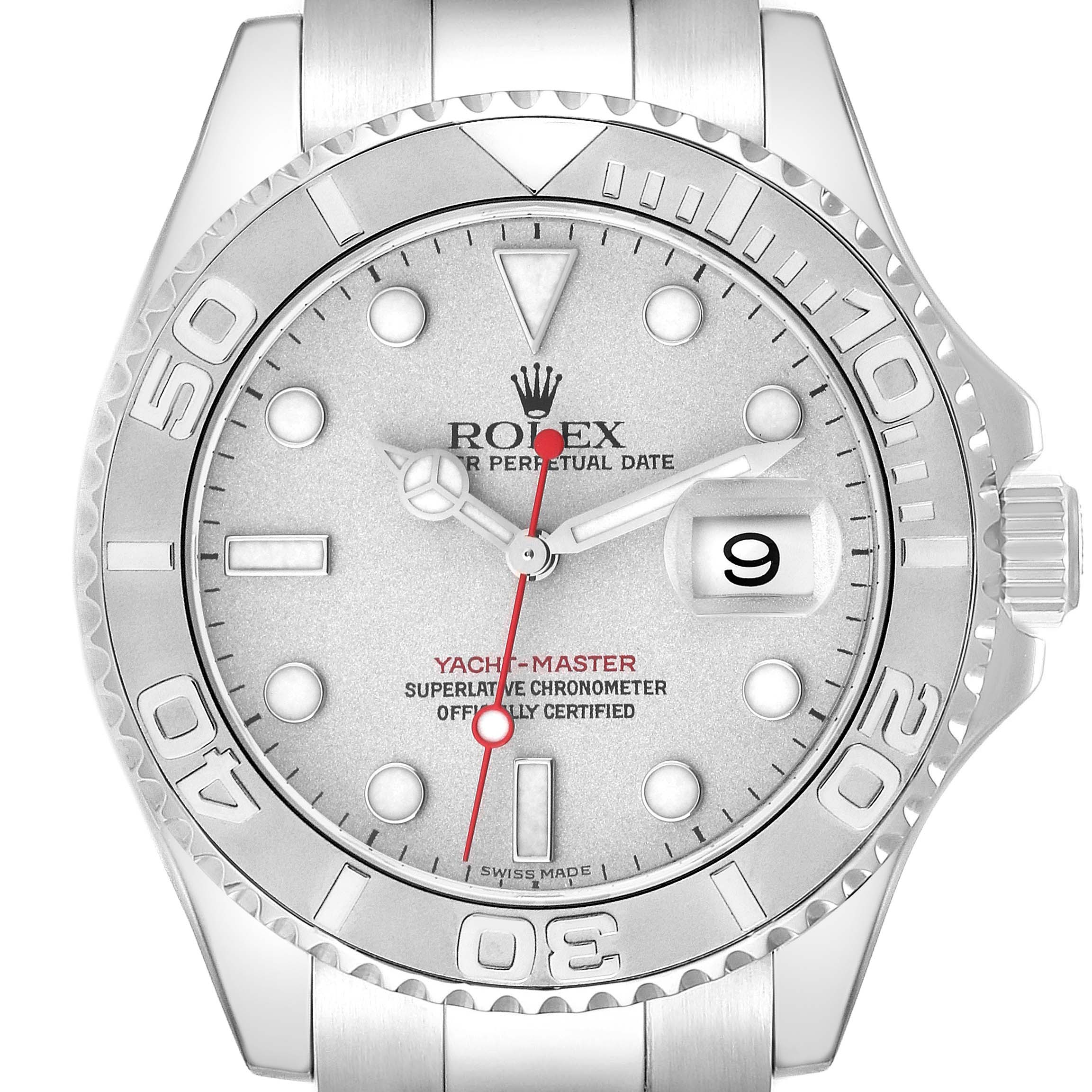 This Rolex Yacht-Master 16622 Men's Stainless Steel Silver Dial 16622 Men's Stainless Steel Silver Dial watch is shown from a front angle, highlighting the face, bezel, crown, and part of the bracelet.