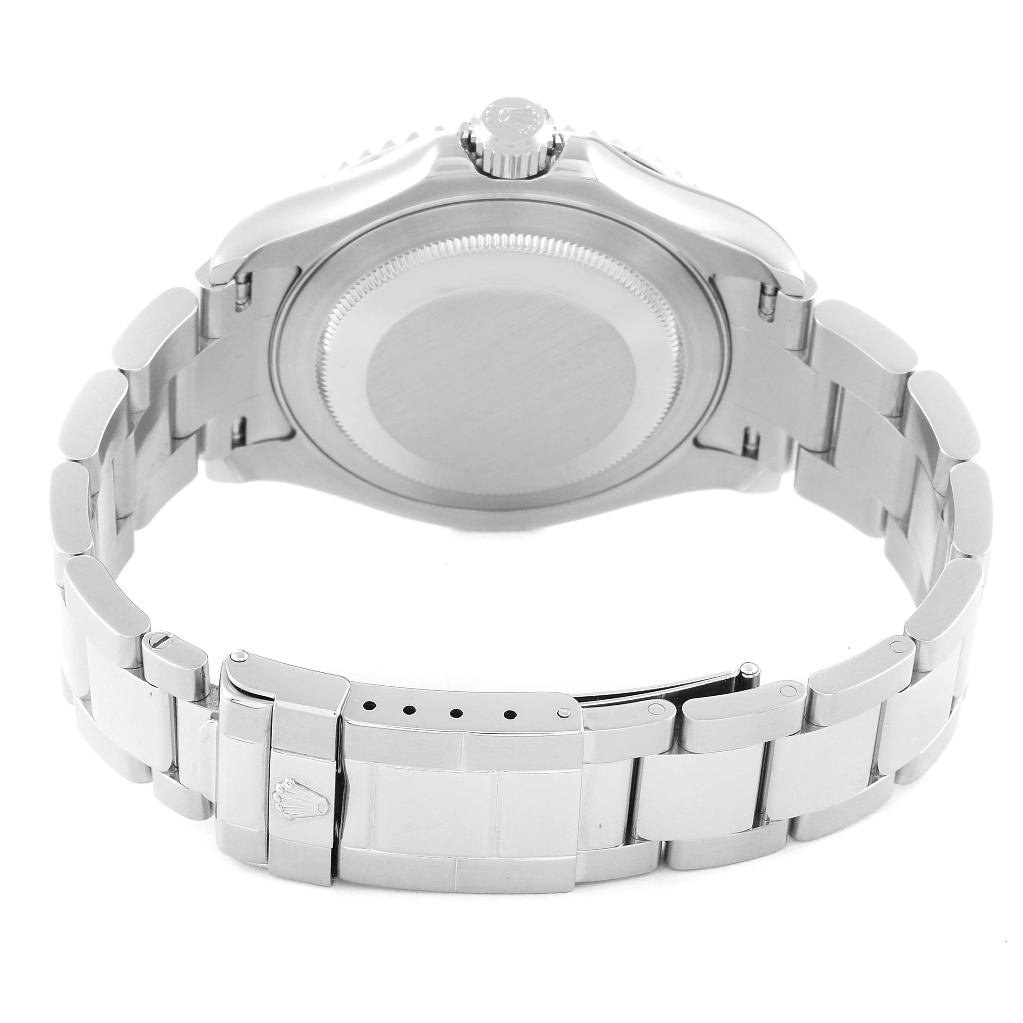The image shows the case back and bracelet of a Rolex Yacht-Master 16622 Men's Stainless Steel Silver Dial 16622 Men's Stainless Steel Silver Dial watch from a rear angle.