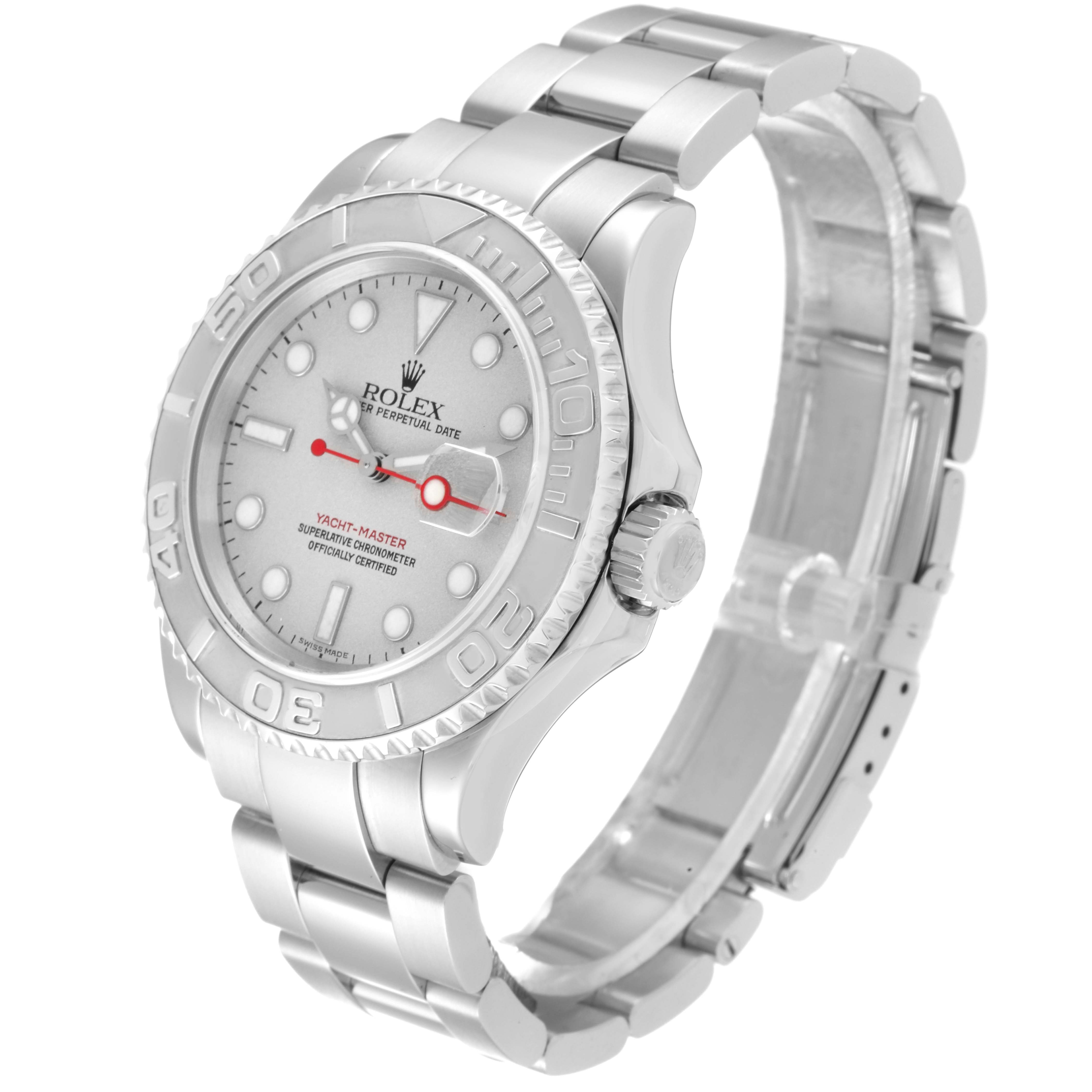 The image shows a Rolex Yacht-Master 16622 Men's Stainless Steel Silver Dial 16622 Men's Stainless Steel Silver Dial watch from an oblique angle, displaying the face, bezel, crown, and part of the bracelet.