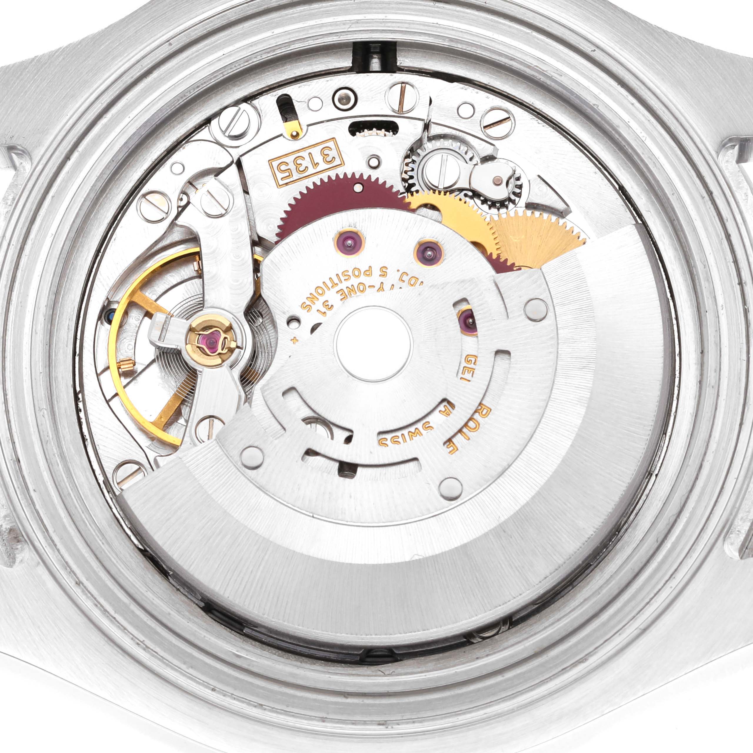This image shows the internal mechanism and movement of a Rolex Yacht-Master 16622 Men's Stainless Steel Silver Dial 16622 Men's Stainless Steel Silver Dial watch from a top-down angle.