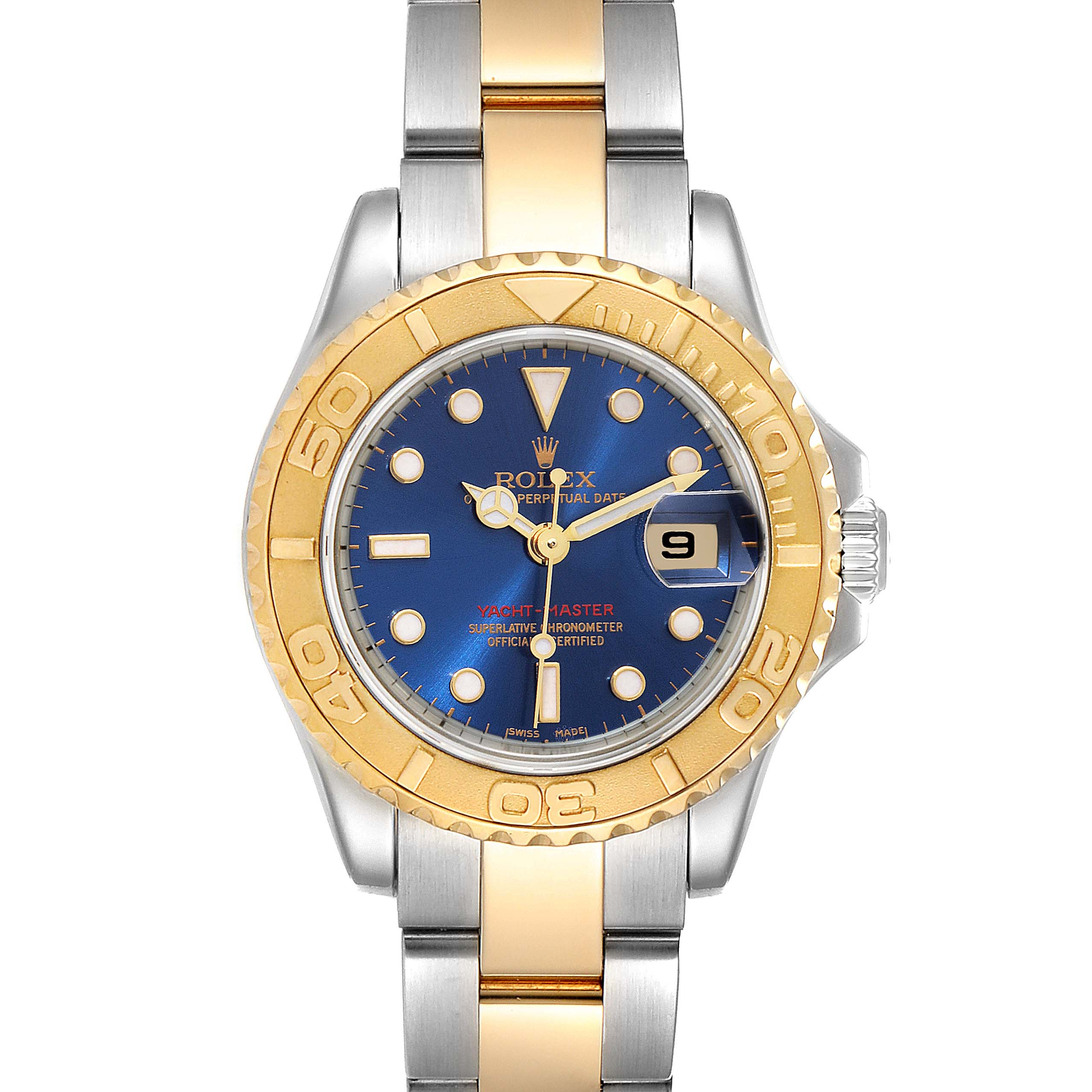 This image shows the front view of a Rolex Yacht-Master 169623 Women's Steel and Gold (two tone) Blue Dial 169623 Women's Steel and Gold (two tone) Blue Dial watch, highlighting its blue dial, gold bezel, and two-tone bracelet.