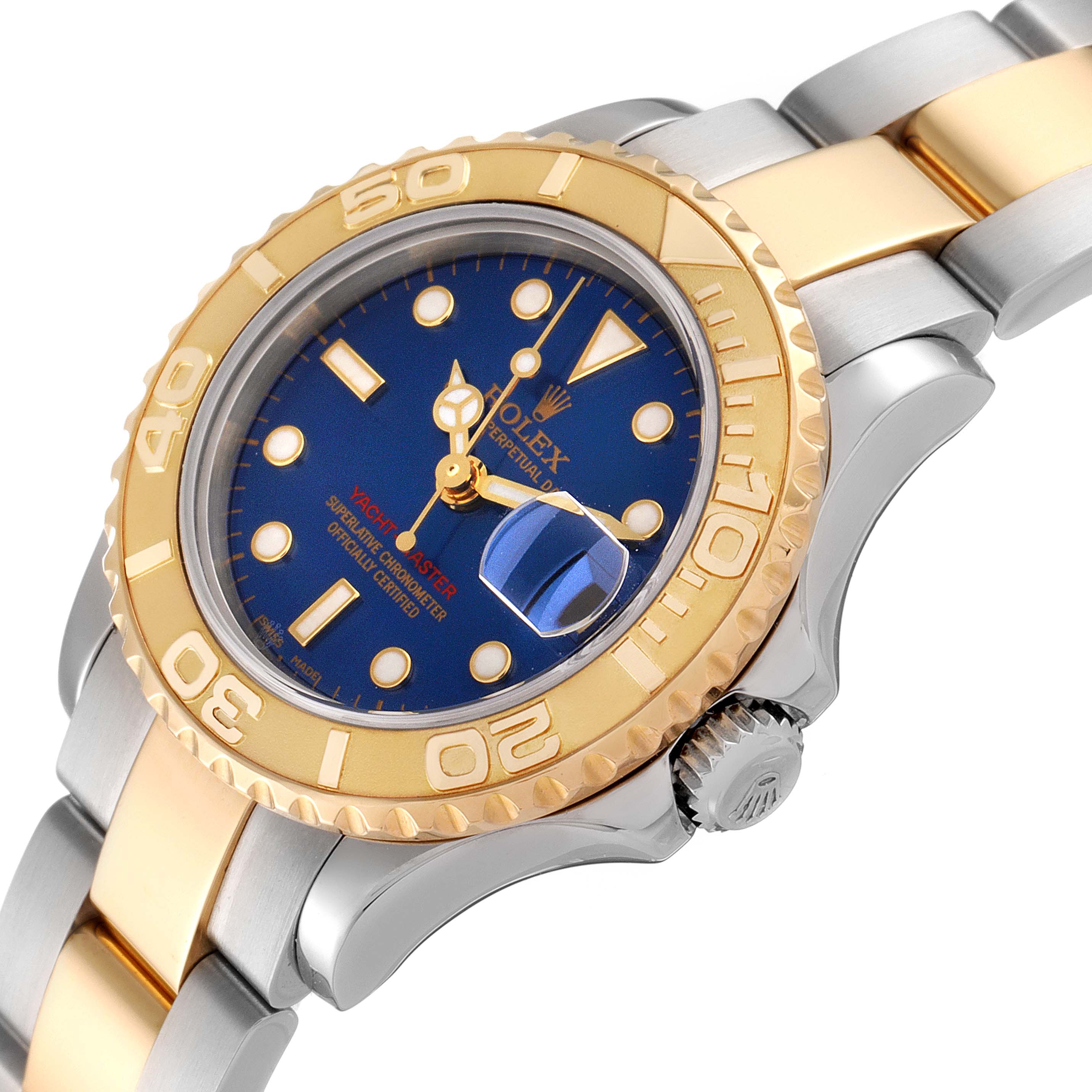The image shows a Rolex Yacht-Master 169623 Women's Steel and Gold (two tone) Blue Dial 169623 Women's Steel and Gold (two tone) Blue Dial watch at an angled view, displaying the face, bezel, and portion of the bracelet.