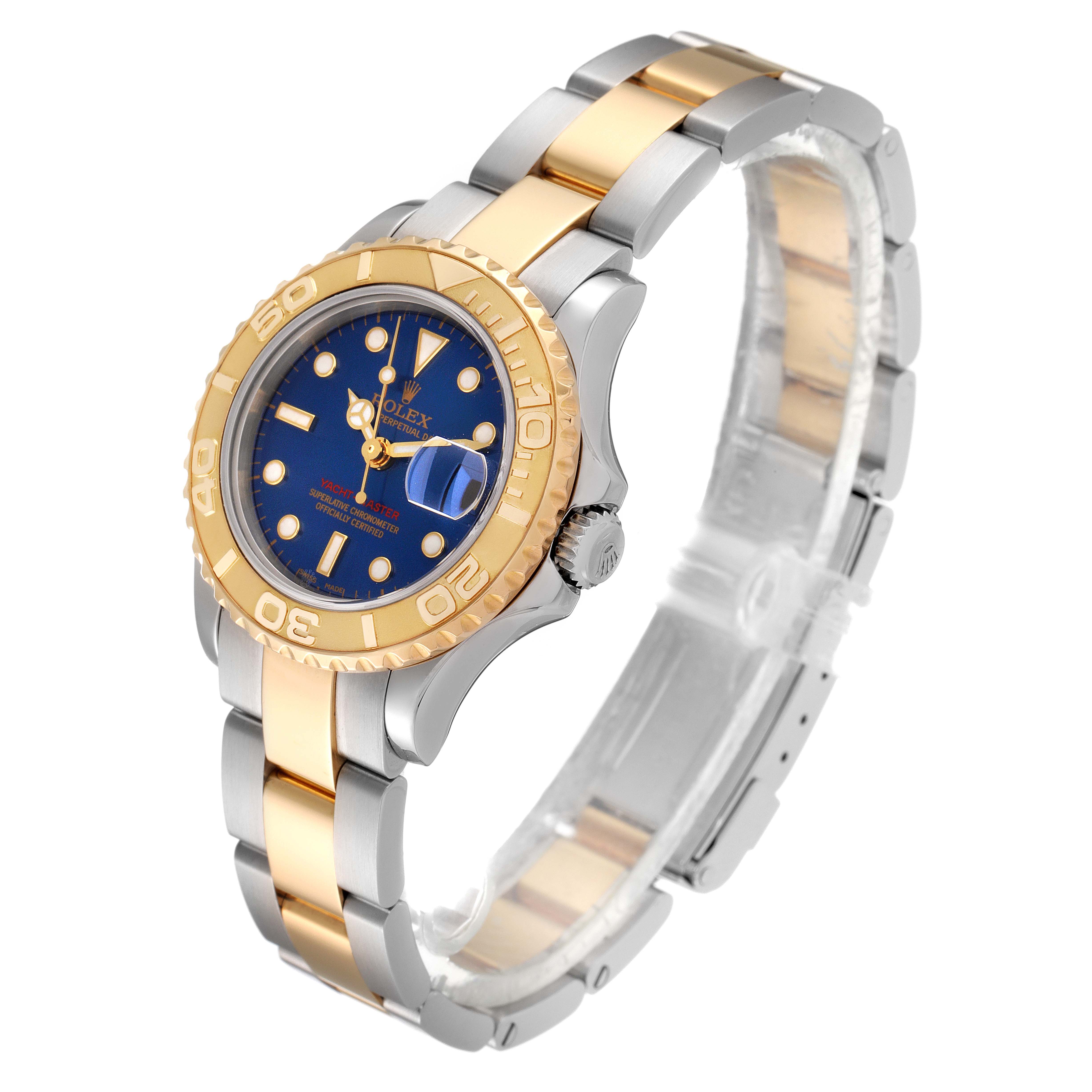 The image shows a Rolex Yacht-Master 169623 Women's Steel and Gold (two tone) Blue Dial 169623 Women's Steel and Gold (two tone) Blue Dial watch at an angled side view, displaying the dial, bezel, and bracelet.