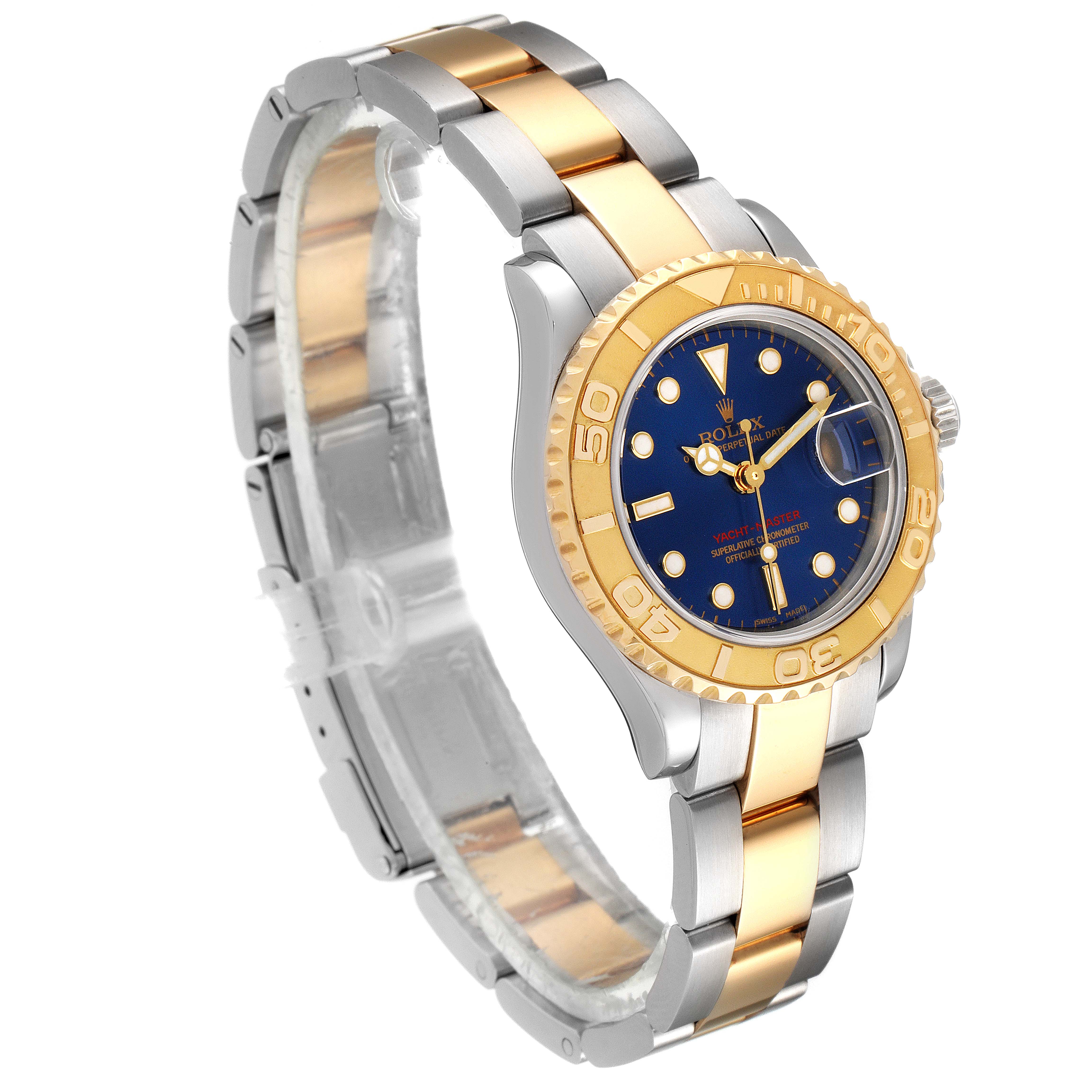 The image shows a Rolex Yacht-Master 169623 Women's Steel and Gold (two tone) Blue Dial 169623 Women's Steel and Gold (two tone) Blue Dial watch at a three-quarter angle, highlighting the dial, bezel, case, and bracelet.