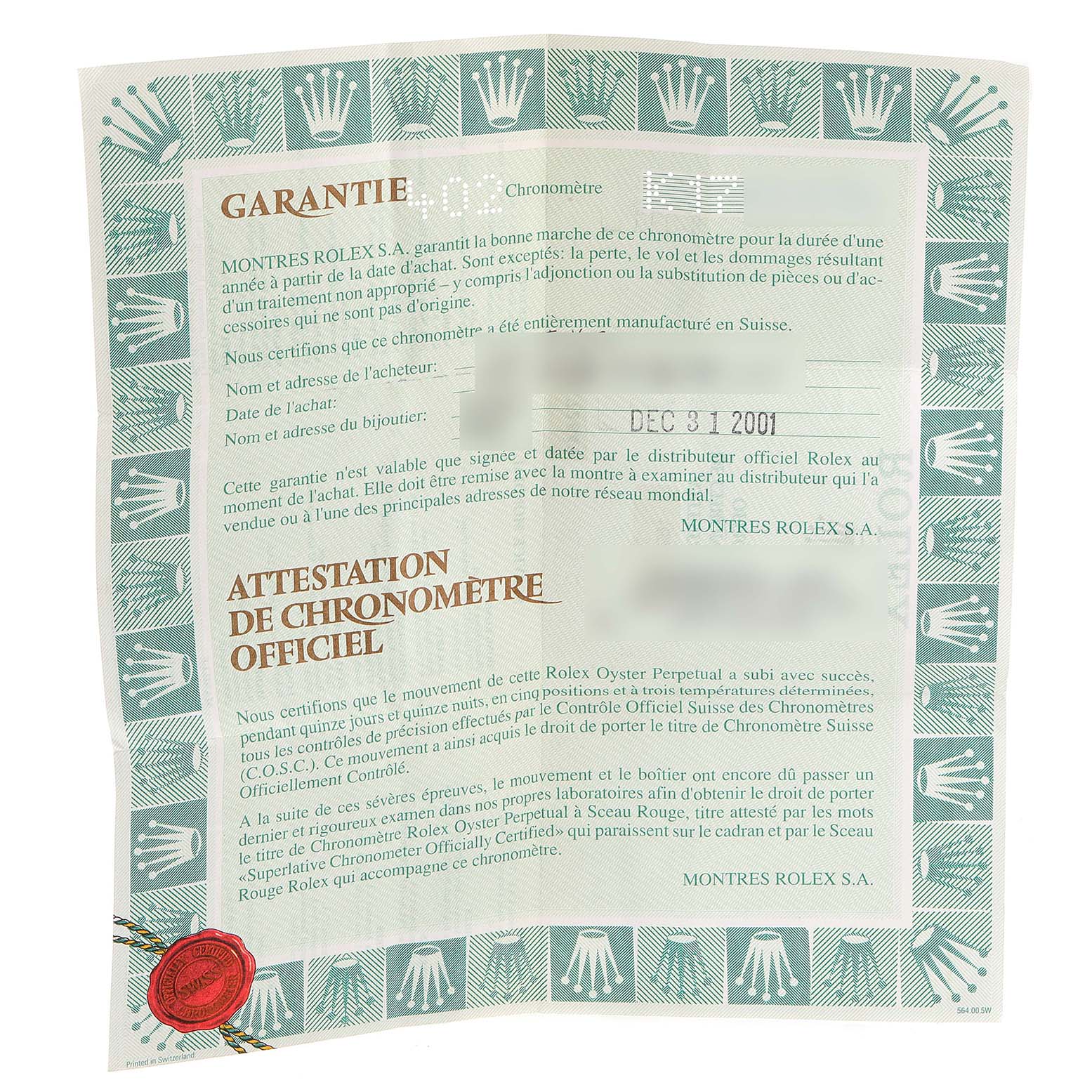 This is the warranty certificate for the Rolex Yacht-Master 169623 Women's Steel and Gold (two tone) Blue Dial 169623 Women's Steel and Gold (two tone) Blue Dial model.