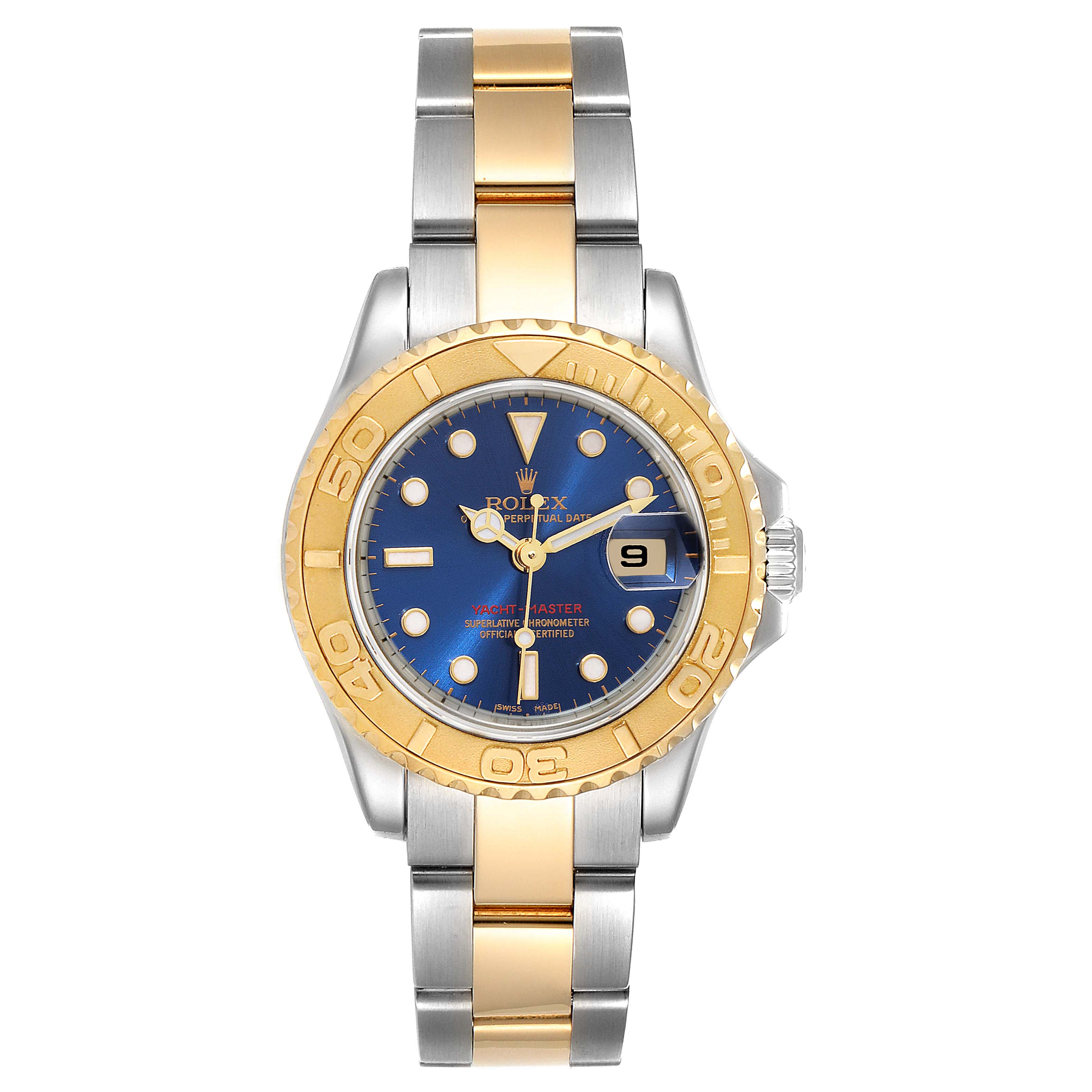 The image shows a front view of the Rolex Yacht-Master 169623 Women's Steel and Gold (two tone) Blue Dial 169623 Women's Steel and Gold (two tone) Blue Dial watch with a two-tone bracelet, blue dial, and gold bezel.