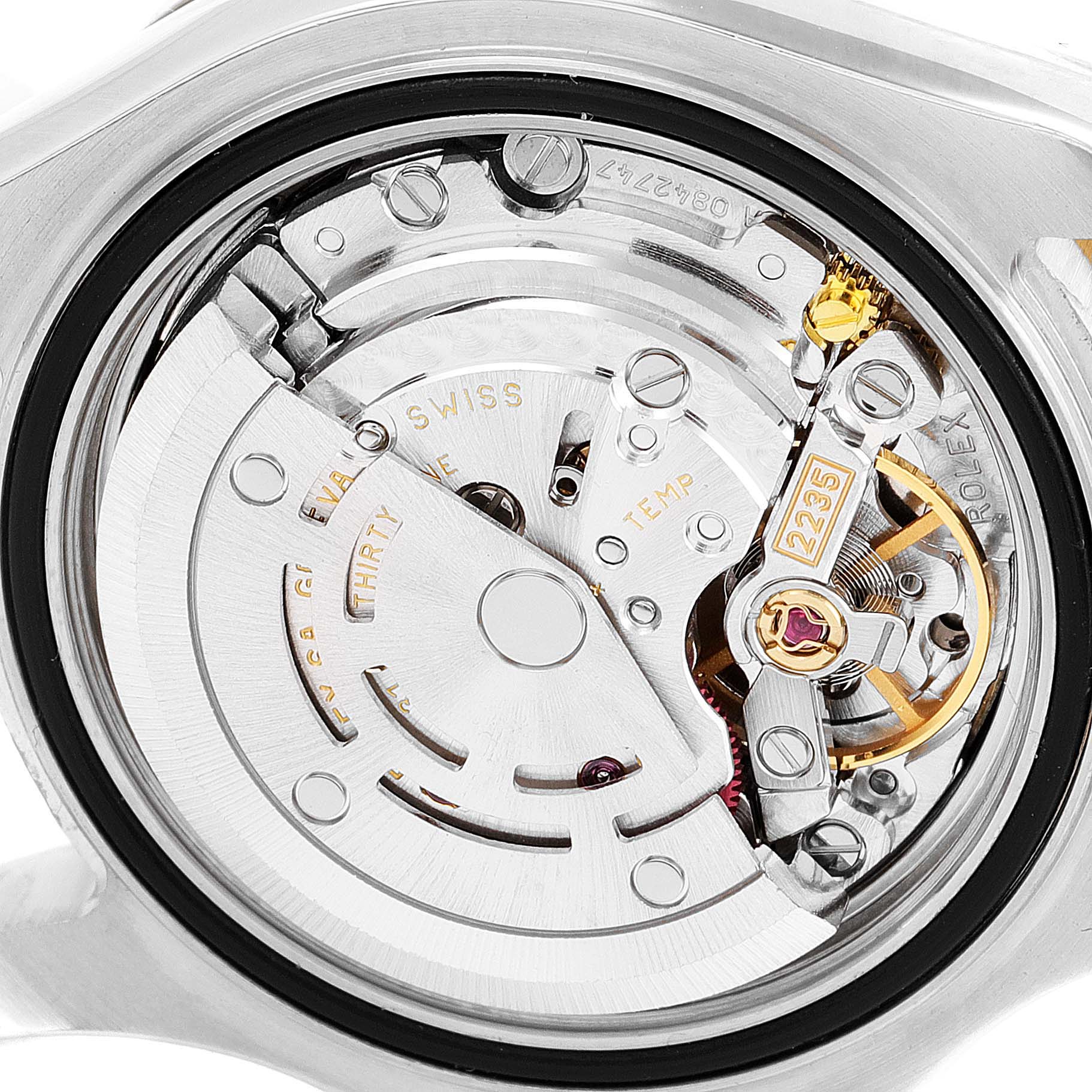 This image shows the internal mechanics and movement of the Rolex Yacht-Master 169623 Women's Steel and Gold (two tone) Blue Dial 169623 Women's Steel and Gold (two tone) Blue Dial watch from a back case angle.