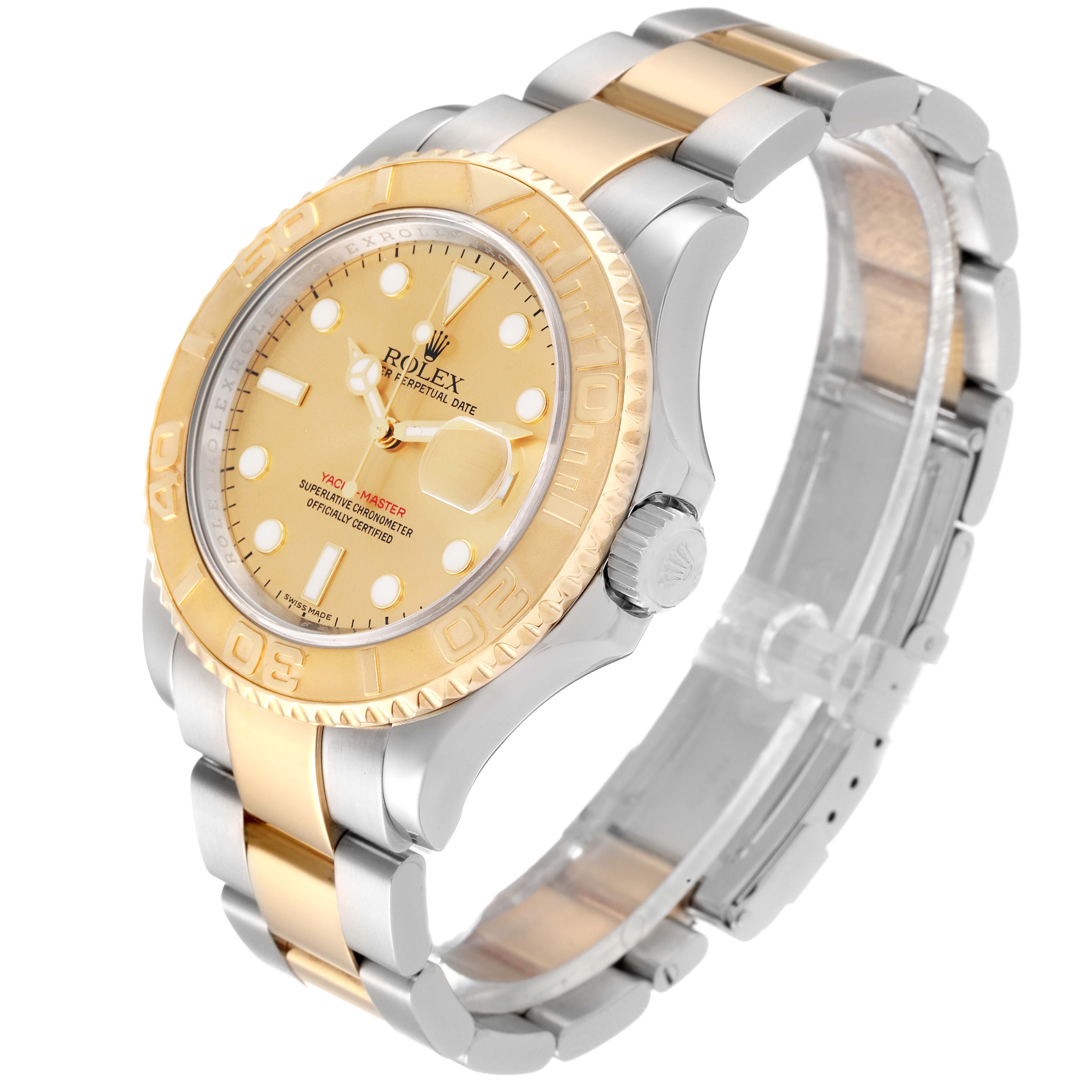 The image shows a side angle of the Rolex Yacht-Master 16623 Men's Steel and Gold (two tone) Champagne Dial 16623 Men's Steel and Gold (two tone) Champagne Dial watch, highlighting its bezel, dial, and two-tone bracelet.