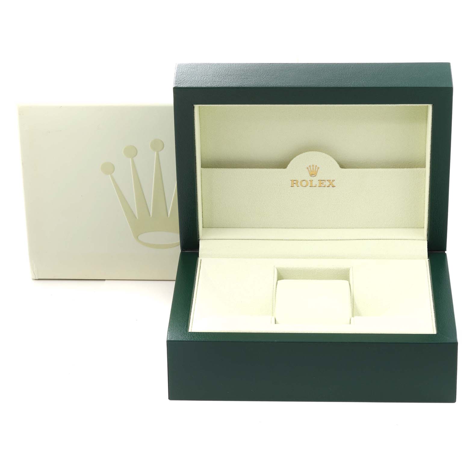 The image shows an open Rolex Yacht-Master 16623 Men's Steel and Gold (two tone) Champagne Dial 16623 Men's Steel and Gold (two tone) Champagne Dial watch box without the watch, revealing its cushioned interior.