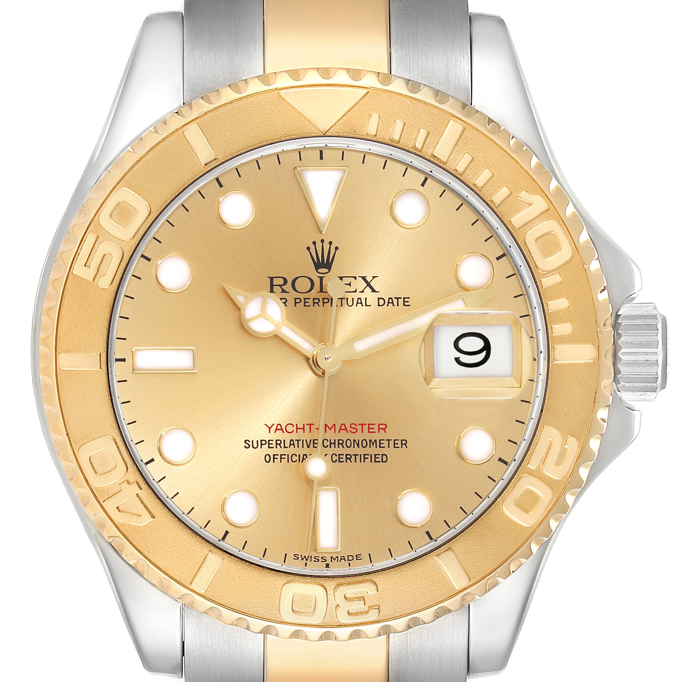 This image shows a front view of the Rolex Yacht-Master 16623 Men's Steel and Gold (two tone) Champagne Dial 16623 Men's Steel and Gold (two tone) Champagne Dial watch with a gold dial and bezel, and stainless steel and gold bracelet.