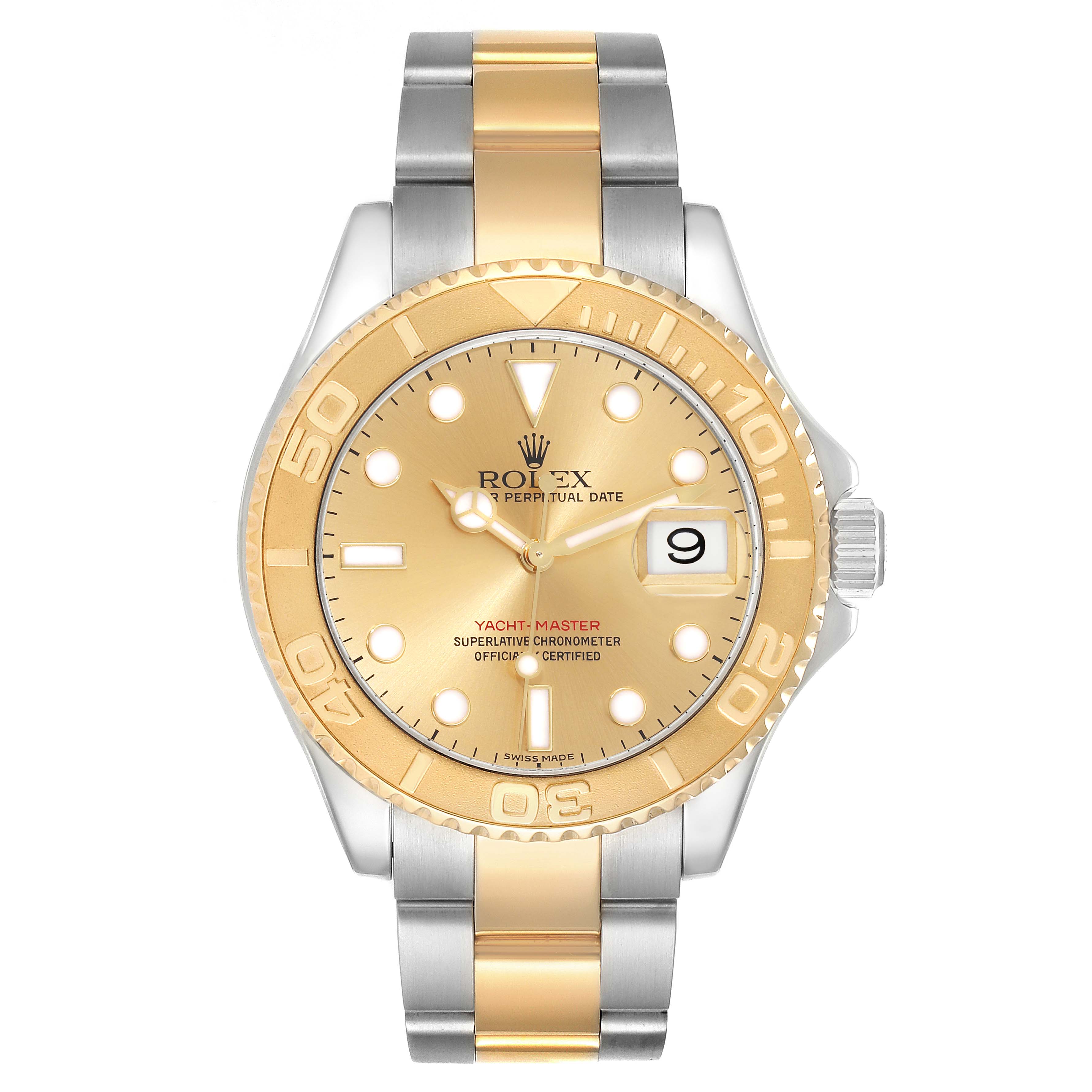 The image shows a front view of a Rolex Yacht-Master 16623 Men's Steel and Gold (two tone) Champagne Dial 16623 Men's Steel and Gold (two tone) Champagne Dial watch, highlighting its bezel, dial, hands, date display, and bracelet.