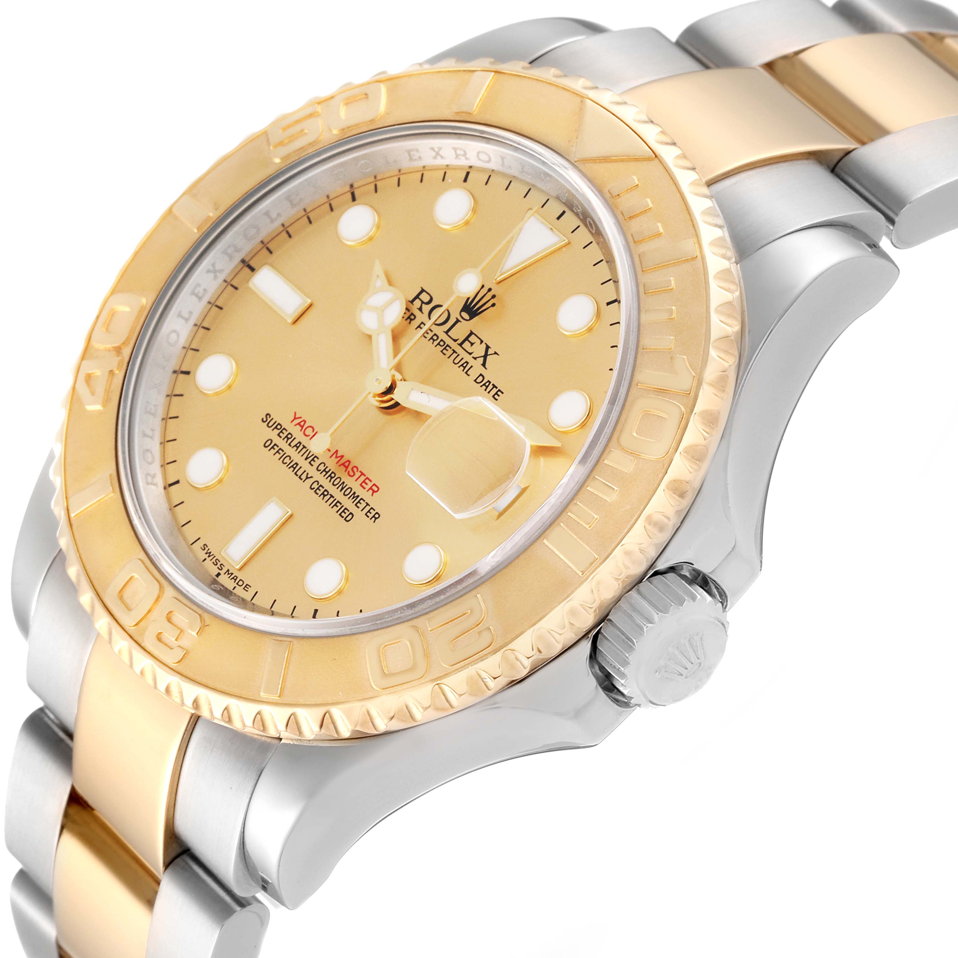 The image shows a close-up of the Rolex Yacht-Master 16623 Men's Steel and Gold (two tone) Champagne Dial 16623 Men's Steel and Gold (two tone) Champagne Dial watch, highlighting its dial, bezel, crown, and part of the bracelet.