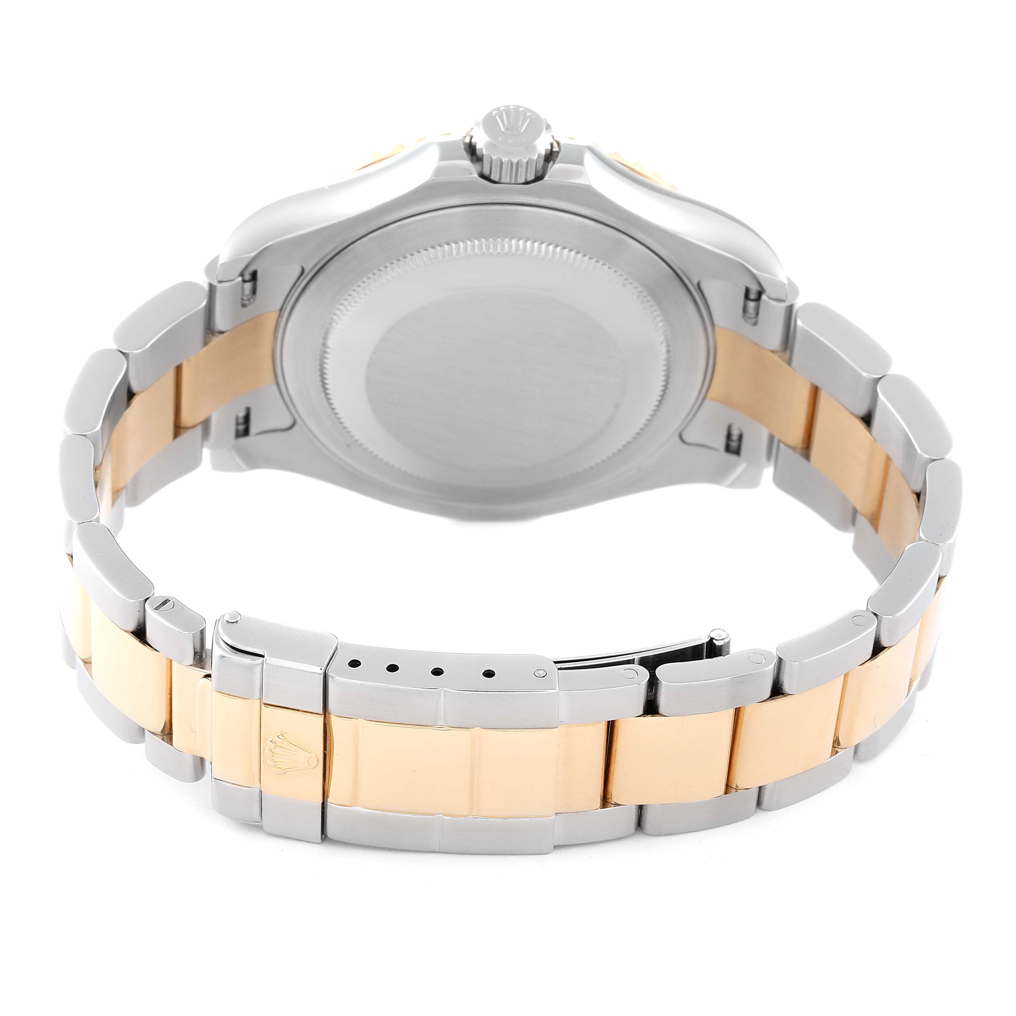 The image shows the back case and two-tone bracelet of the Rolex Yacht-Master 16623 Men's Steel and Gold (two tone) Champagne Dial 16623 Men's Steel and Gold (two tone) Champagne Dial watch from a rear angle.