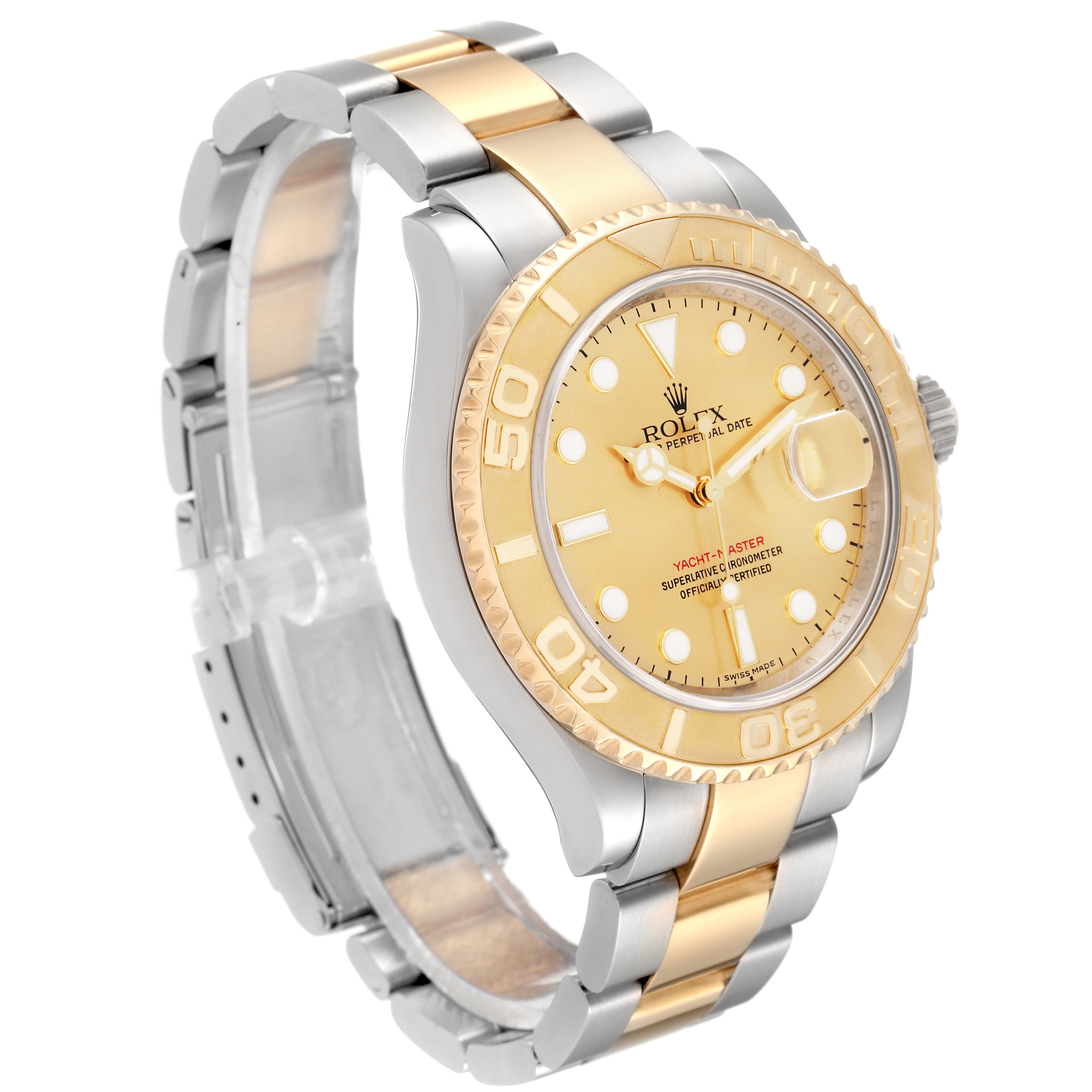 The Rolex Yacht-Master 16623 Men's Steel and Gold (two tone) Champagne Dial 16623 Men's Steel and Gold (two tone) Champagne Dial watch is shown from an angled front view, highlighting its gold dial, bezel, and metal bracelet.