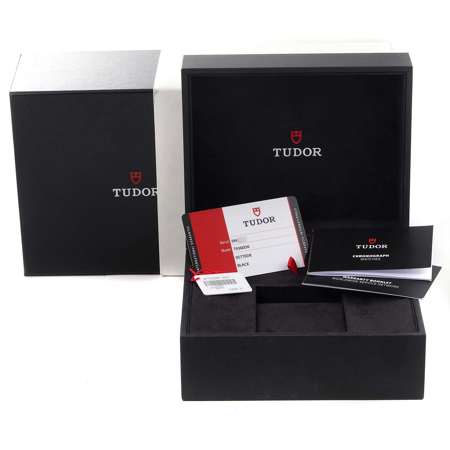 The image shows packaging, warranty card, user manual, and empty watch slot for a Tudor Heritage Black Bay 79360DK Men's Stainless Steel Black Dial 79360DK Men's Stainless Steel Black Dial model.
