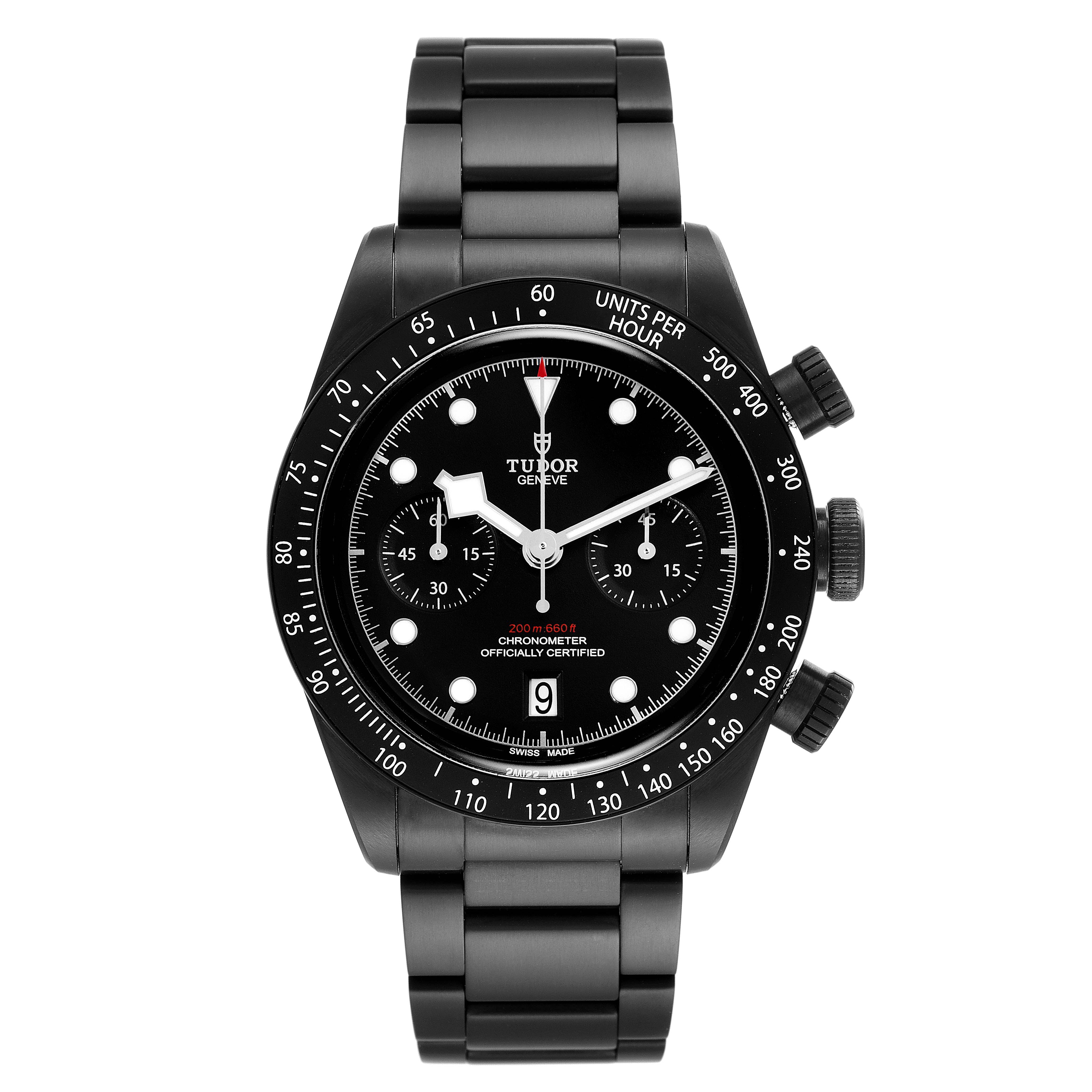 The Tudor Heritage Black Bay 79360DK Men's Stainless Steel Black Dial 79360DK Men's Stainless Steel Black Dial watch is shown from the front, highlighting its dial, bezel, and bracelet.
