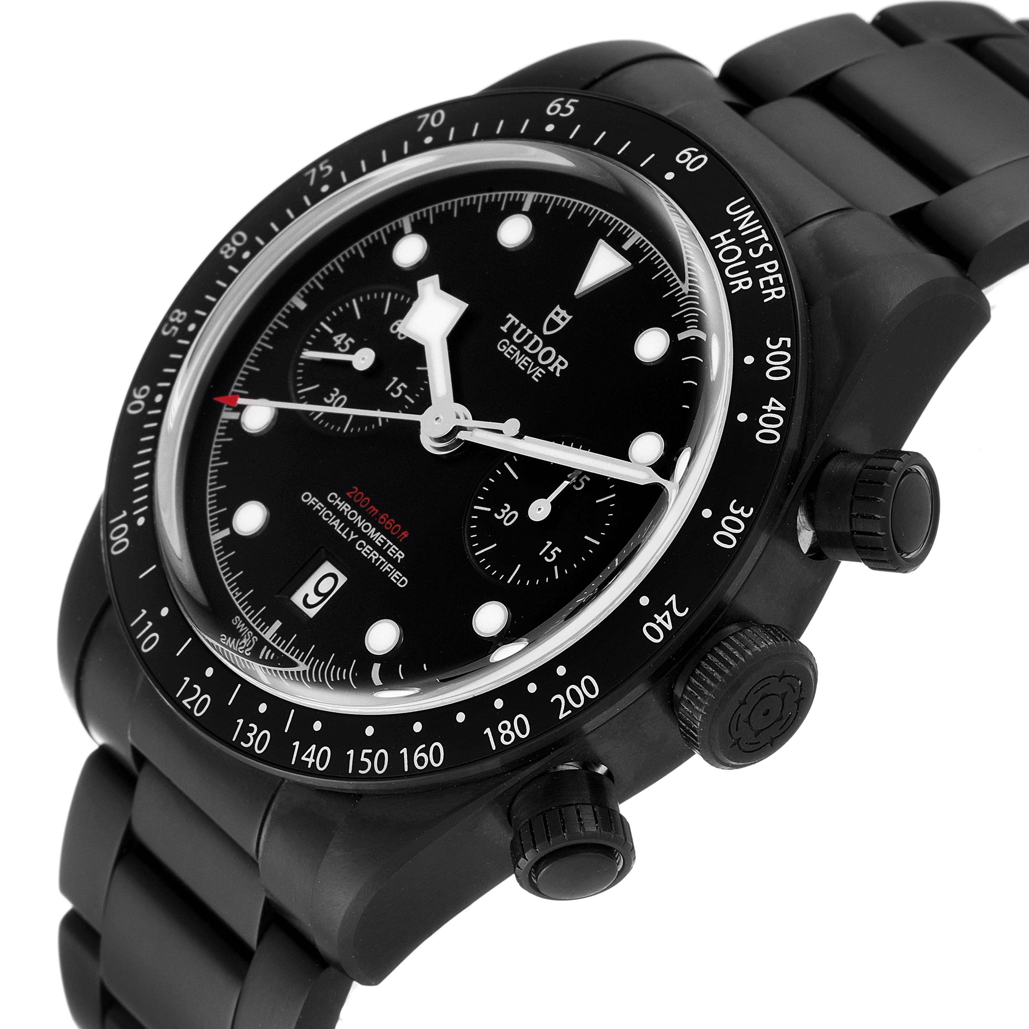 The image shows the Tudor Heritage Black Bay 79360DK Men's Stainless Steel Black Dial 79360DK Men's Stainless Steel Black Dial watch at an angle highlighting the buttons, dial, and part of the bracelet.