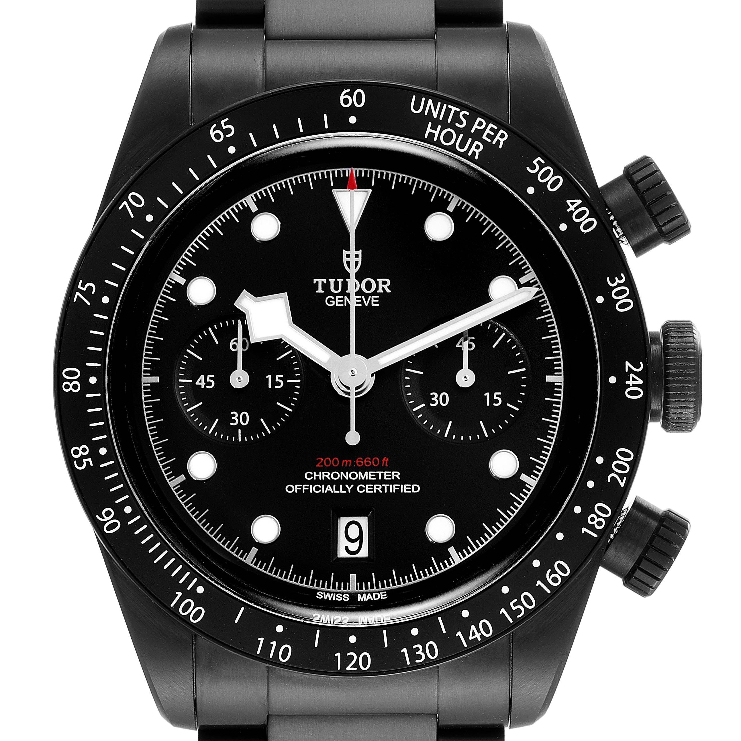 The Tudor Heritage Black Bay 79360DK Men's Stainless Steel Black Dial 79360DK Men's Stainless Steel Black Dial watch is shown from a top-down angle, highlighting its face, bezel, and crown.
