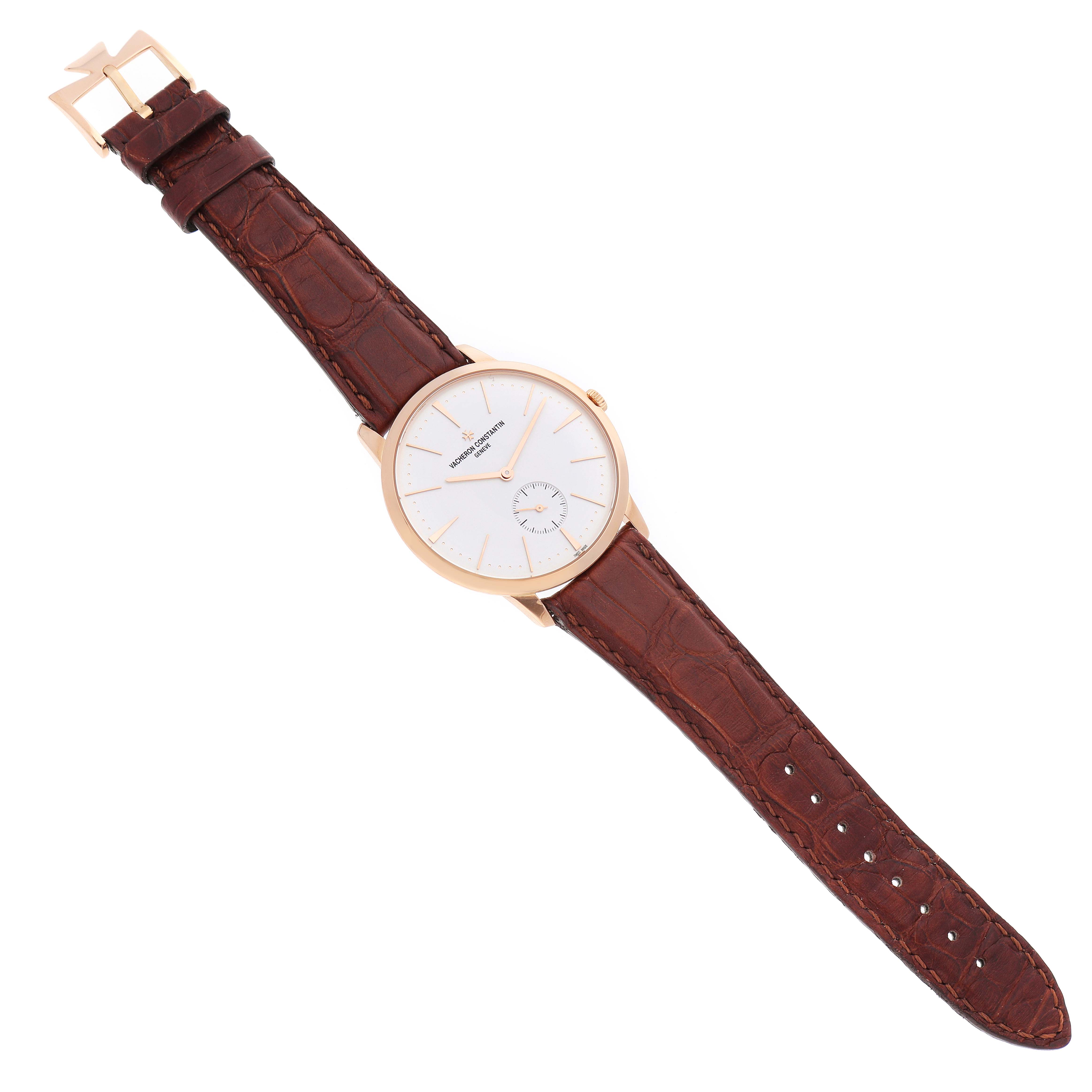 The Vacheron Constantin Patrimony 1110U/000R Men's Rose Gold Silver Dial watch is shown at a slight angle, displaying the face, case, crown, and brown leather strap.