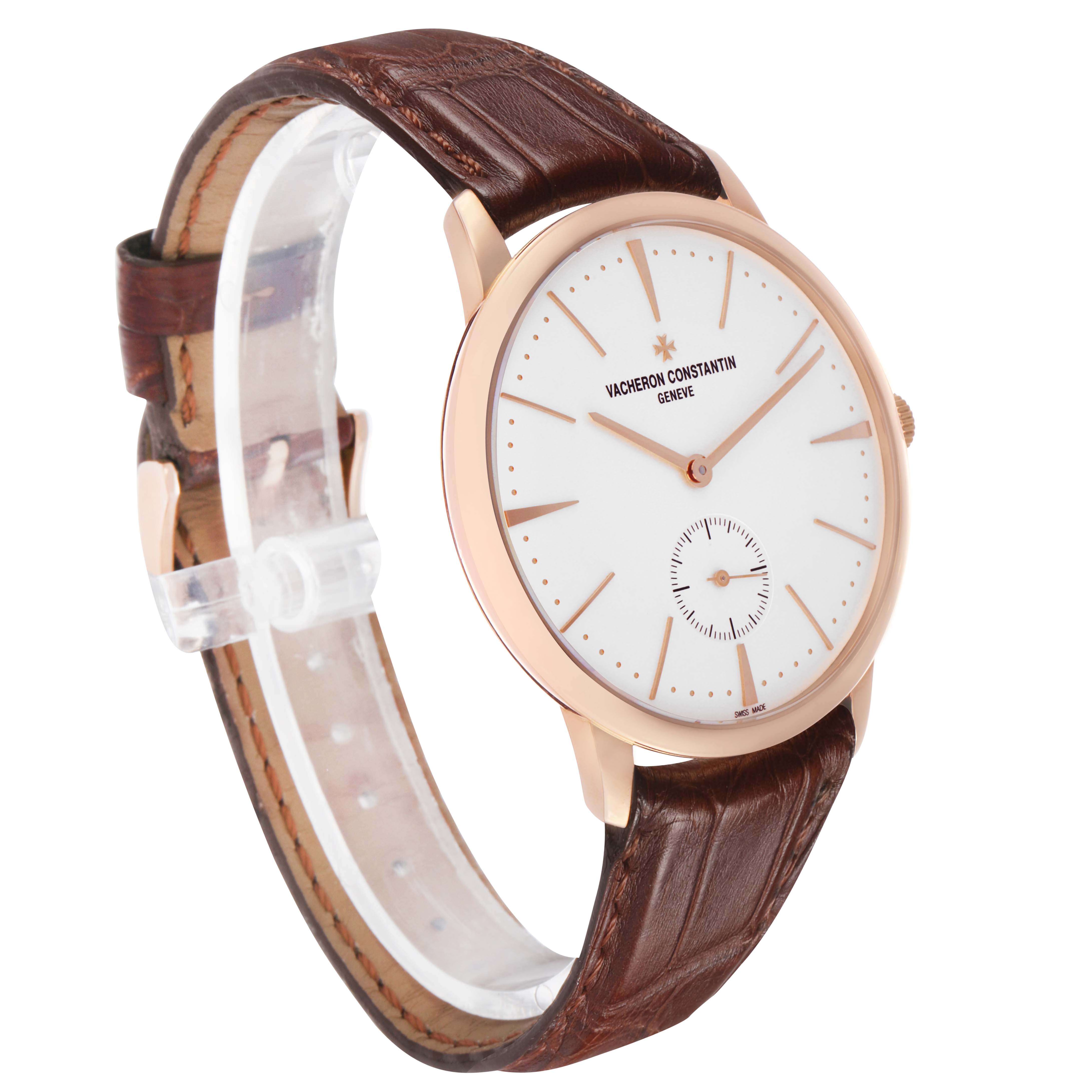 The Vacheron Constantin Patrimony 1110U/000R Men's Rose Gold Silver Dial watch is shown at a slight angle, displaying the face, crown, and brown leather strap.