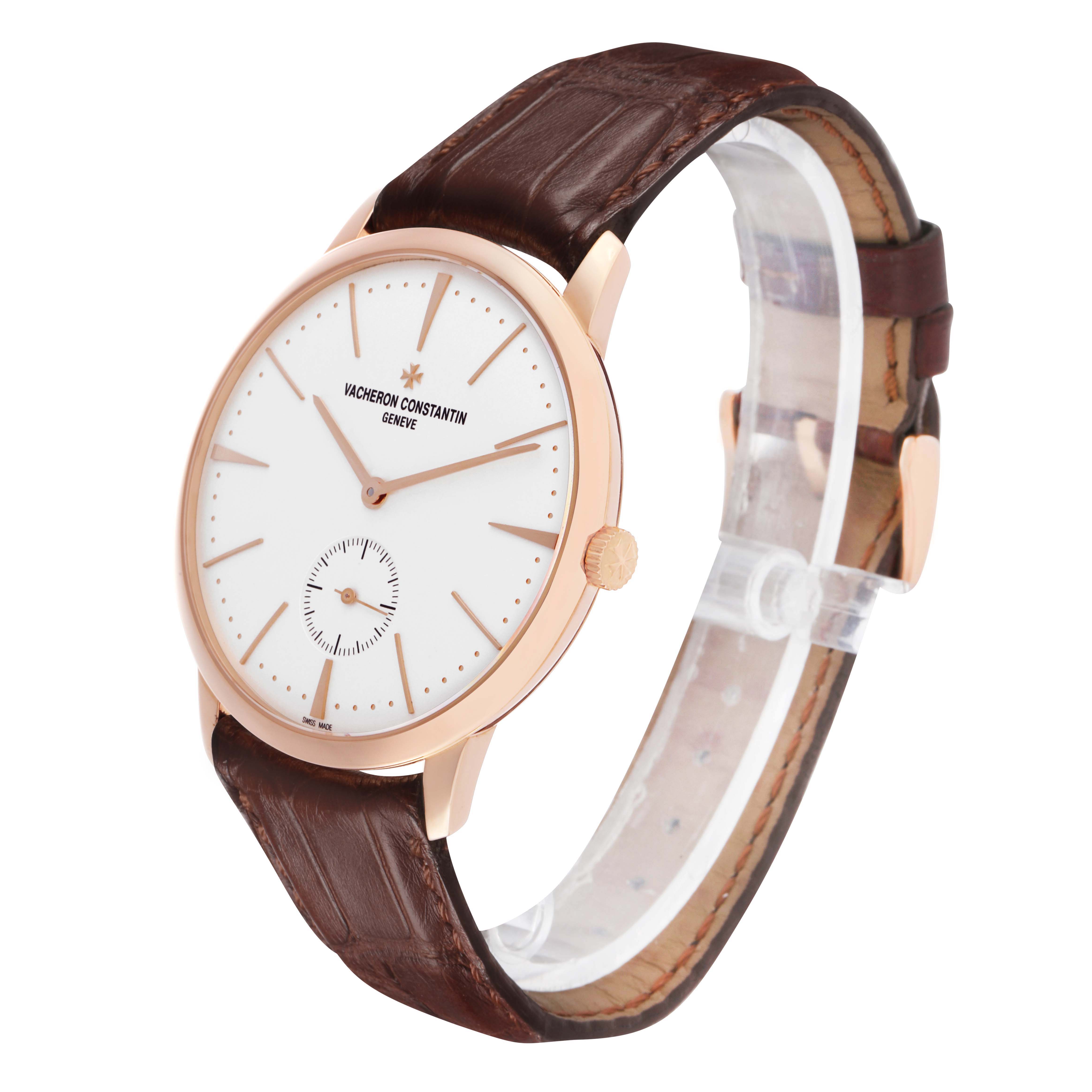 The Vacheron Constantin Patrimony 1110U/000R Men's Rose Gold Silver Dial watch is shown at a three-quarter angle, highlighting the dial, crown, and leather strap.