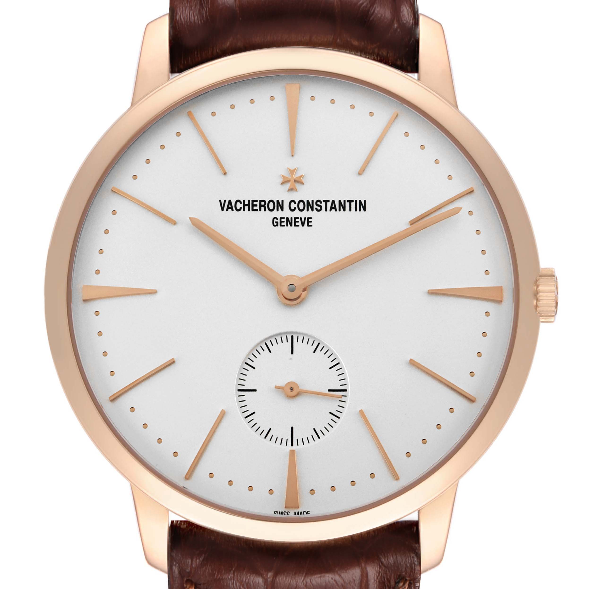 The Vacheron Constantin Patrimony 1110U/000R Men's Rose Gold Silver Dial watch is shown from a front angle, highlighting its face, hands, and crown.