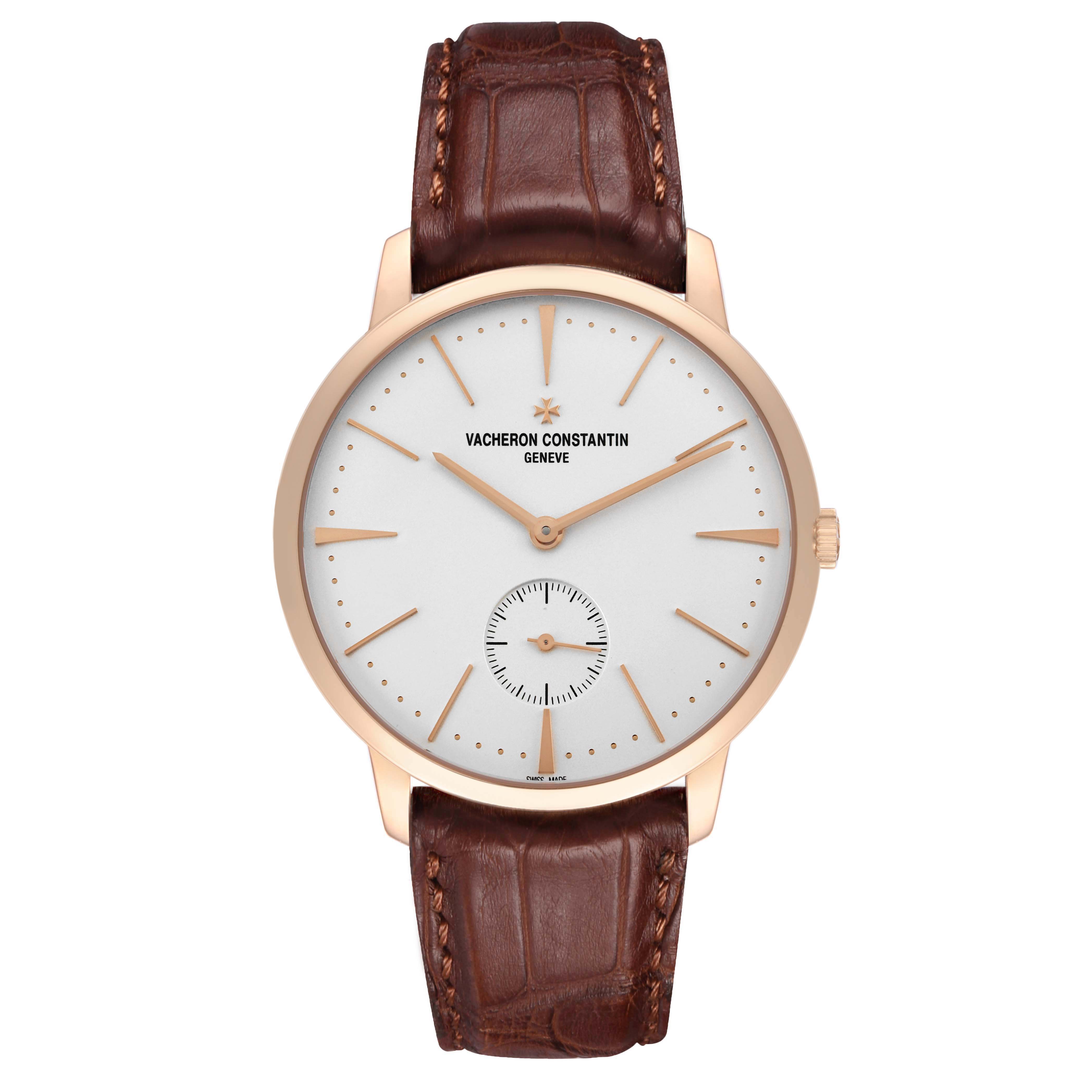 The Vacheron Constantin Patrimony 1110U/000R Men's Rose Gold Silver Dial watch is shown from a straight-on angle, displaying its face, bezel, hands, and leather strap.