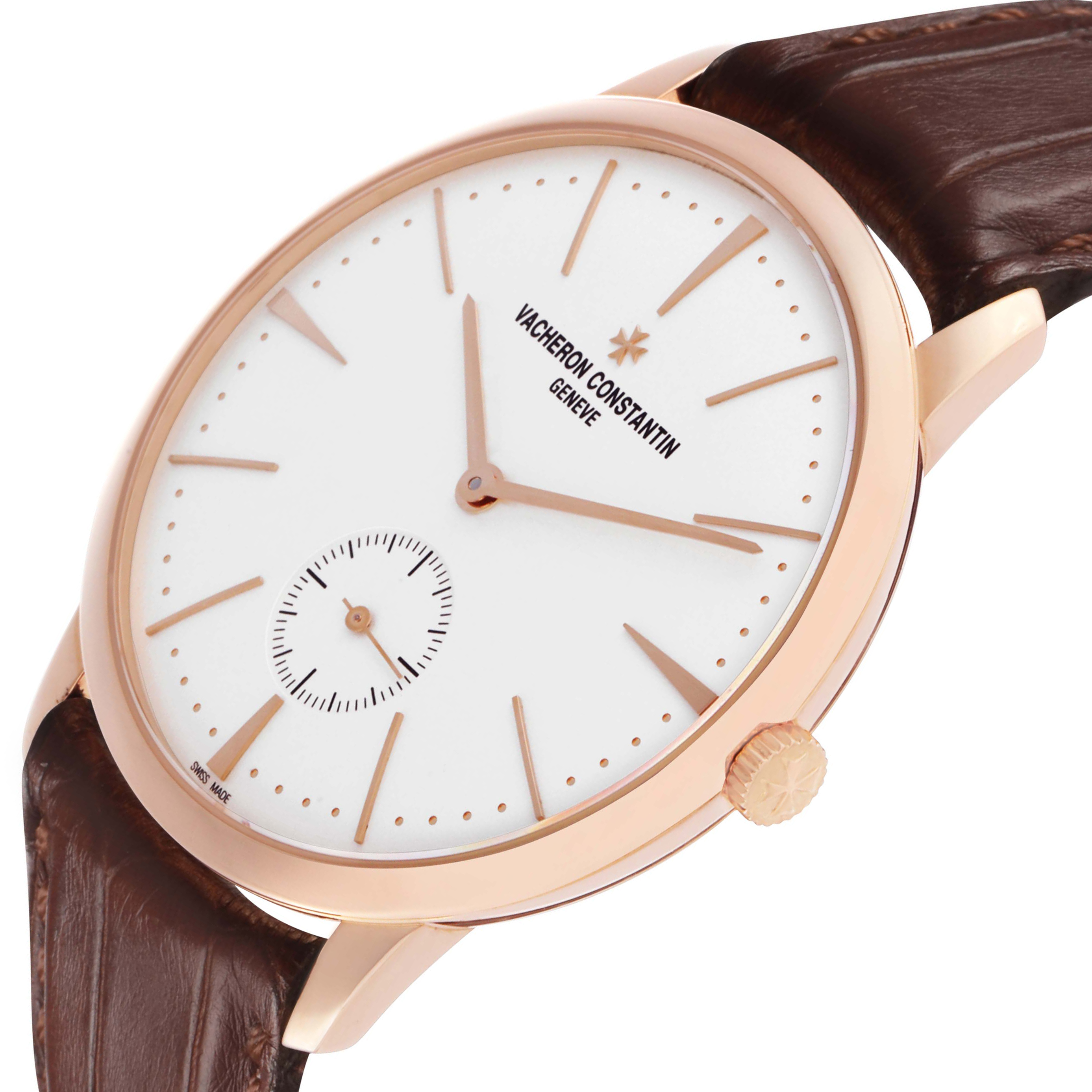 The image shows a Vacheron Constantin Patrimony 1110U/000R Men's Rose Gold Silver Dial watch at a slight angle, highlighting the dial, hands, crown, and brown leather strap.