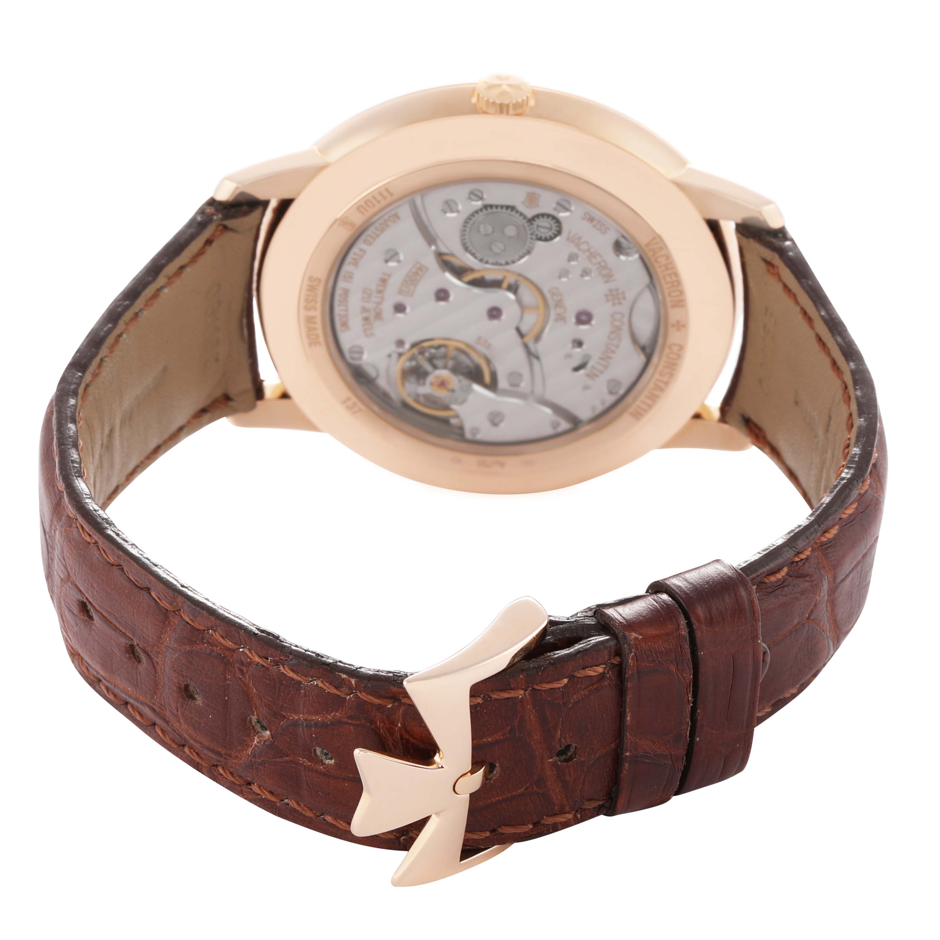 The image shows the back view of the Vacheron Constantin Patrimony 1110U/000R Men's Rose Gold Silver Dial watch, highlighting its open case back and brown leather strap.