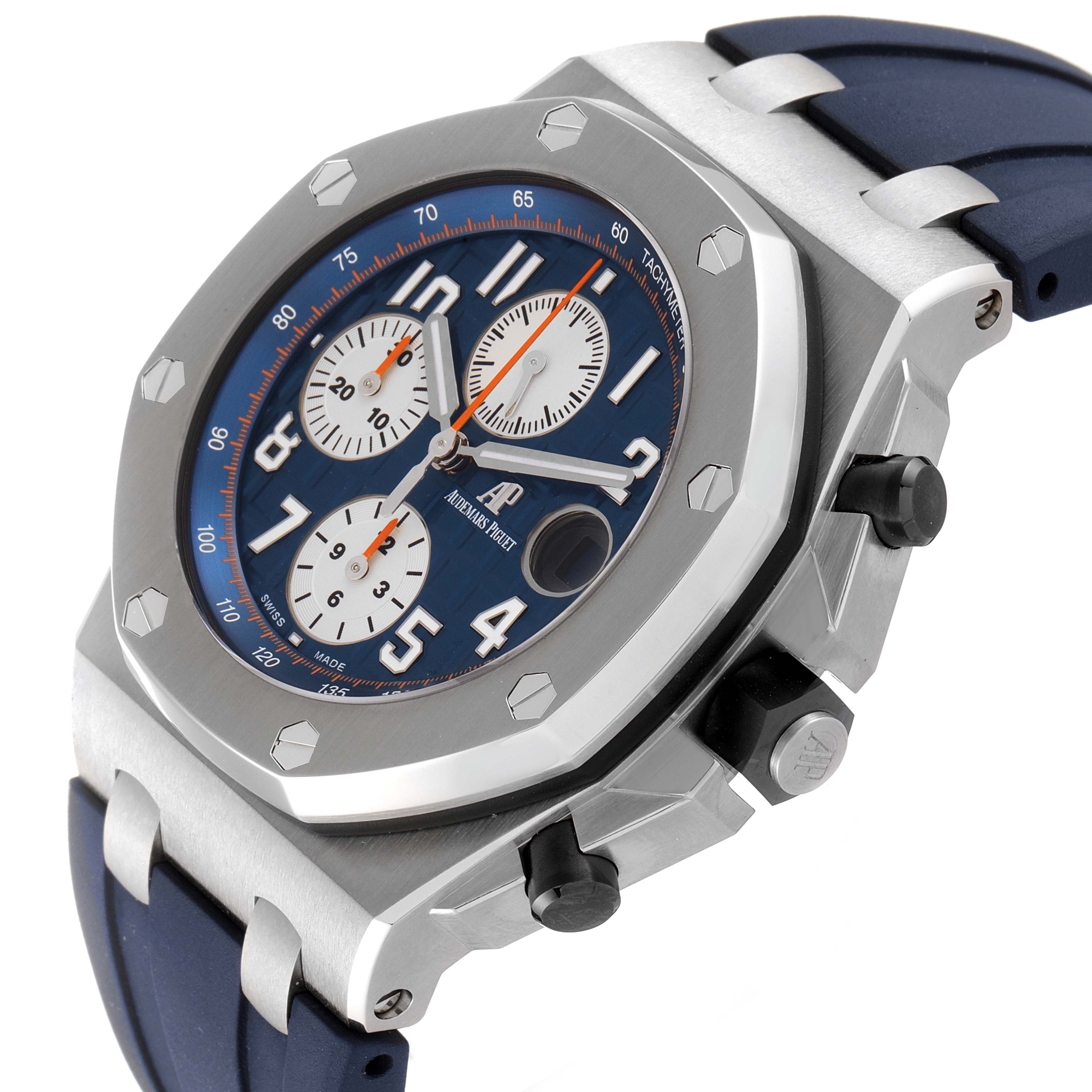 This image shows a close-up angle of the Audemars Piguet Royal Oak Offshore 26470ST.OO.A027CA.01 Men's Stainless Steel Blue Dial 26470ST.OO.A027CA.01 Men's Stainless Steel Blue Dial model, highlighting the dial, bezel, and buttons.