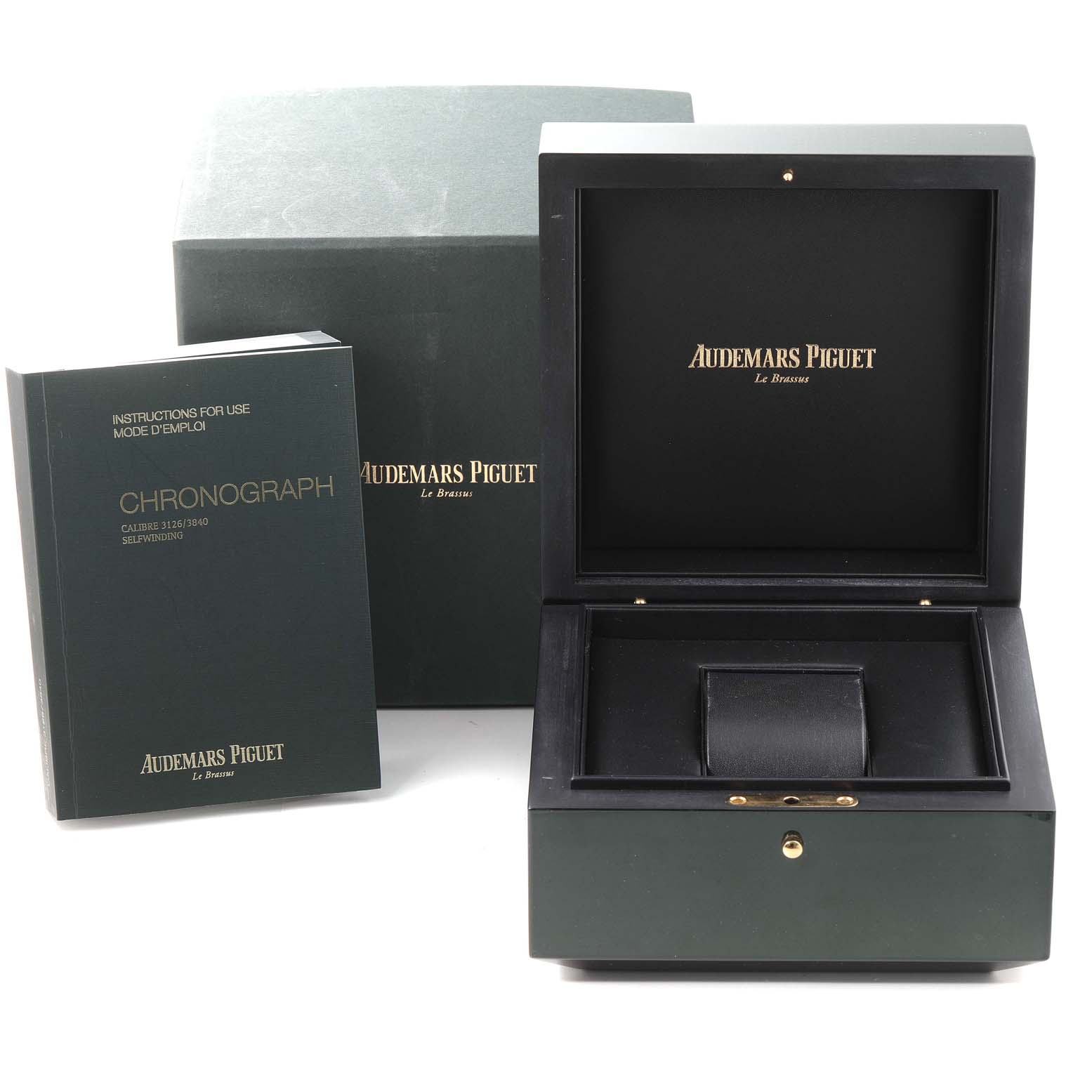 The image shows the outer box, inner presentation box, and instruction manual for the Audemars Piguet Royal Oak Offshore 26470ST.OO.A027CA.01 Men's Stainless Steel Blue Dial 26470ST.OO.A027CA.01 Men's Stainless Steel Blue Dial model.