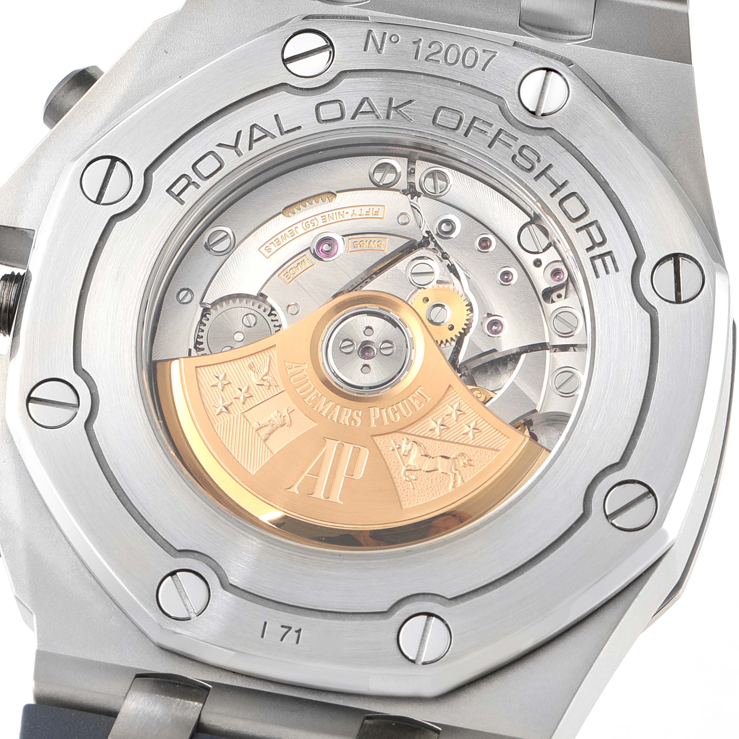 The image shows the back of the Audemars Piguet Royal Oak Offshore 26470ST.OO.A027CA.01 Men's Stainless Steel Blue Dial 26470ST.OO.A027CA.01 Men's Stainless Steel Blue Dial watch, focusing on the movement and rotor.