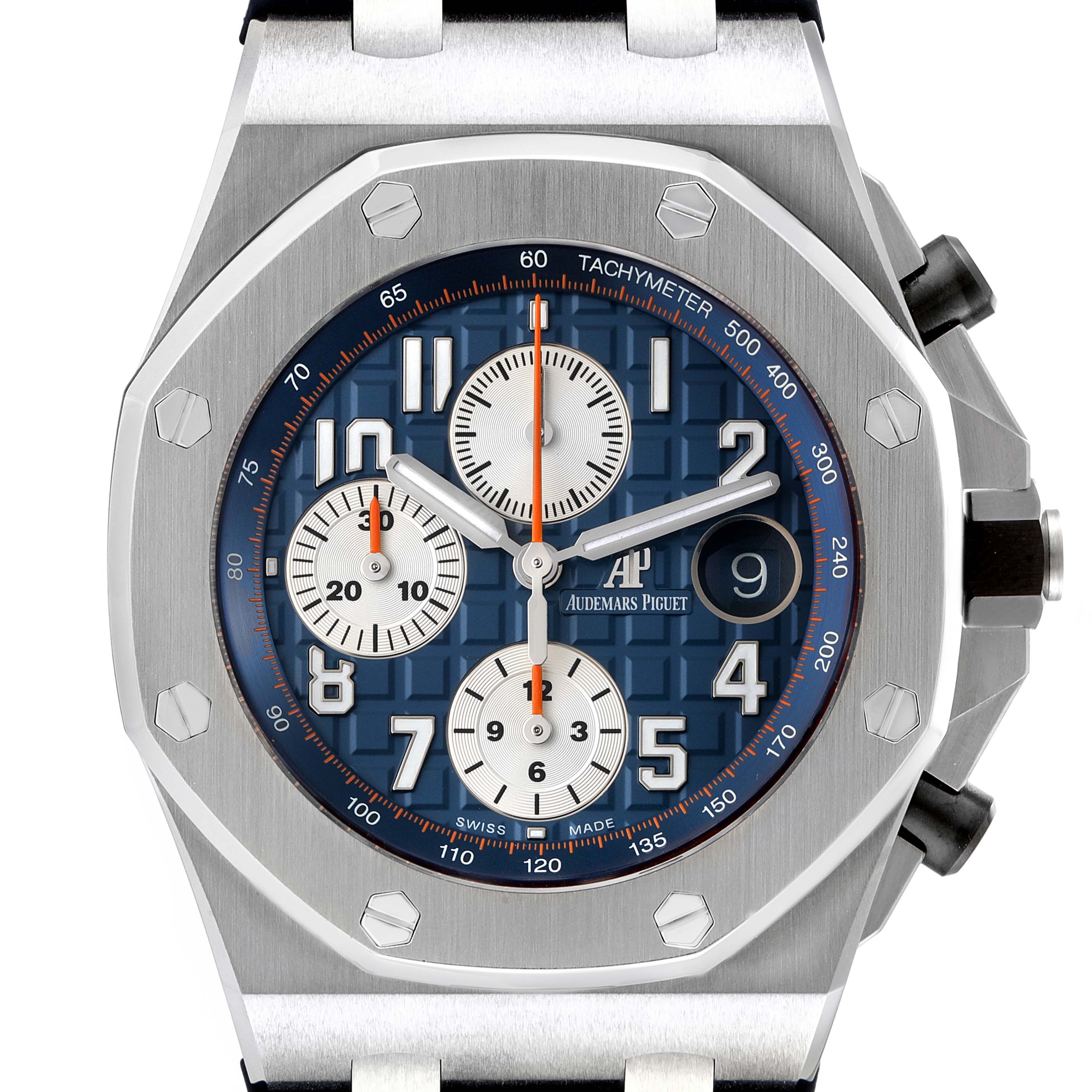 The image shows a front view of the Audemars Piguet Royal Oak Offshore 26470ST.OO.A027CA.01 Men's Stainless Steel Blue Dial 26470ST.OO.A027CA.01 Men's Stainless Steel Blue Dial watch, highlighting the dial, case, and chronograph subdials.
