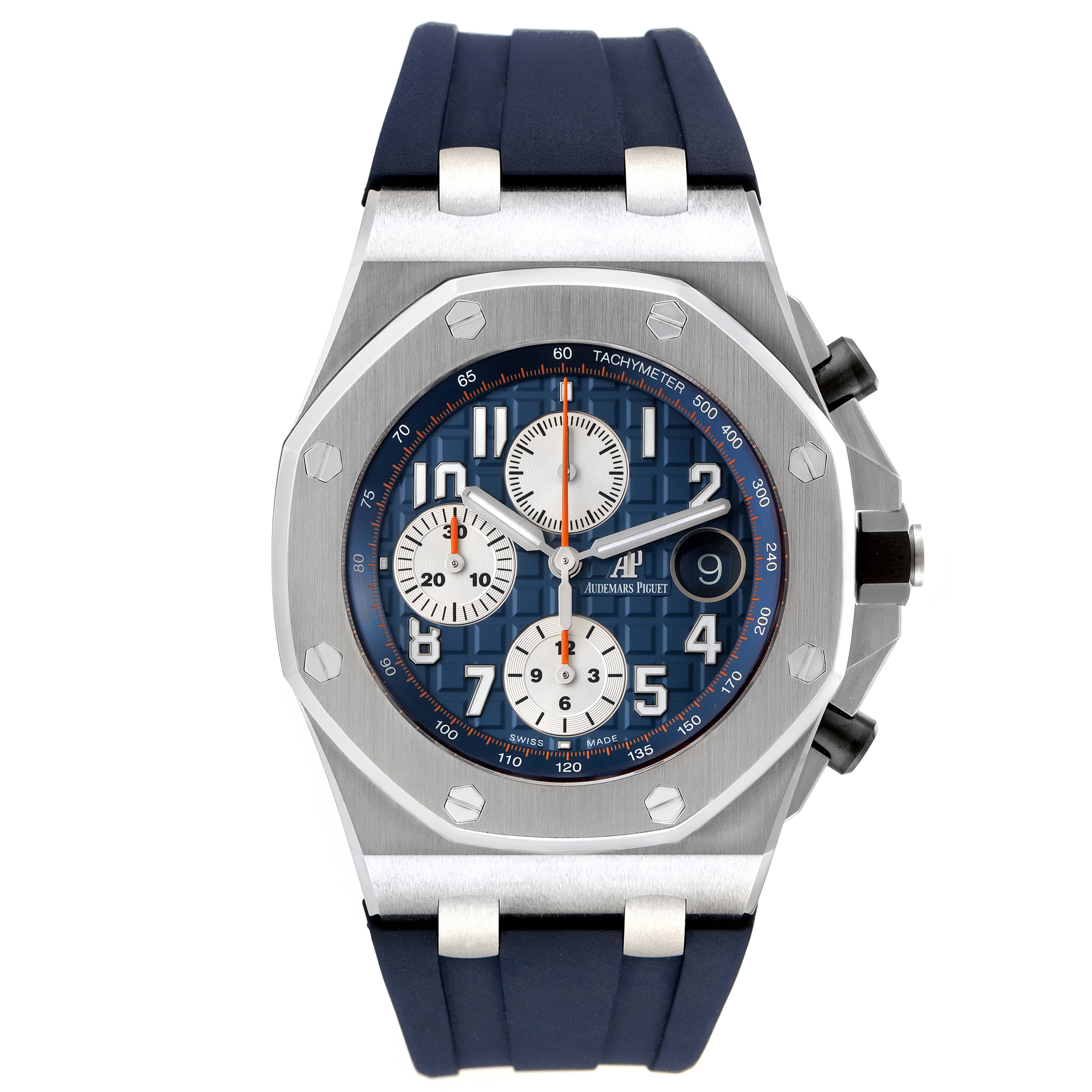 The image shows a frontal view of an Audemars Piguet Royal Oak Offshore 26470ST.OO.A027CA.01 Men's Stainless Steel Blue Dial 26470ST.OO.A027CA.01 Men's Stainless Steel Blue Dial watch, highlighting its blue dial, sub-dials, and a blue rubber strap.