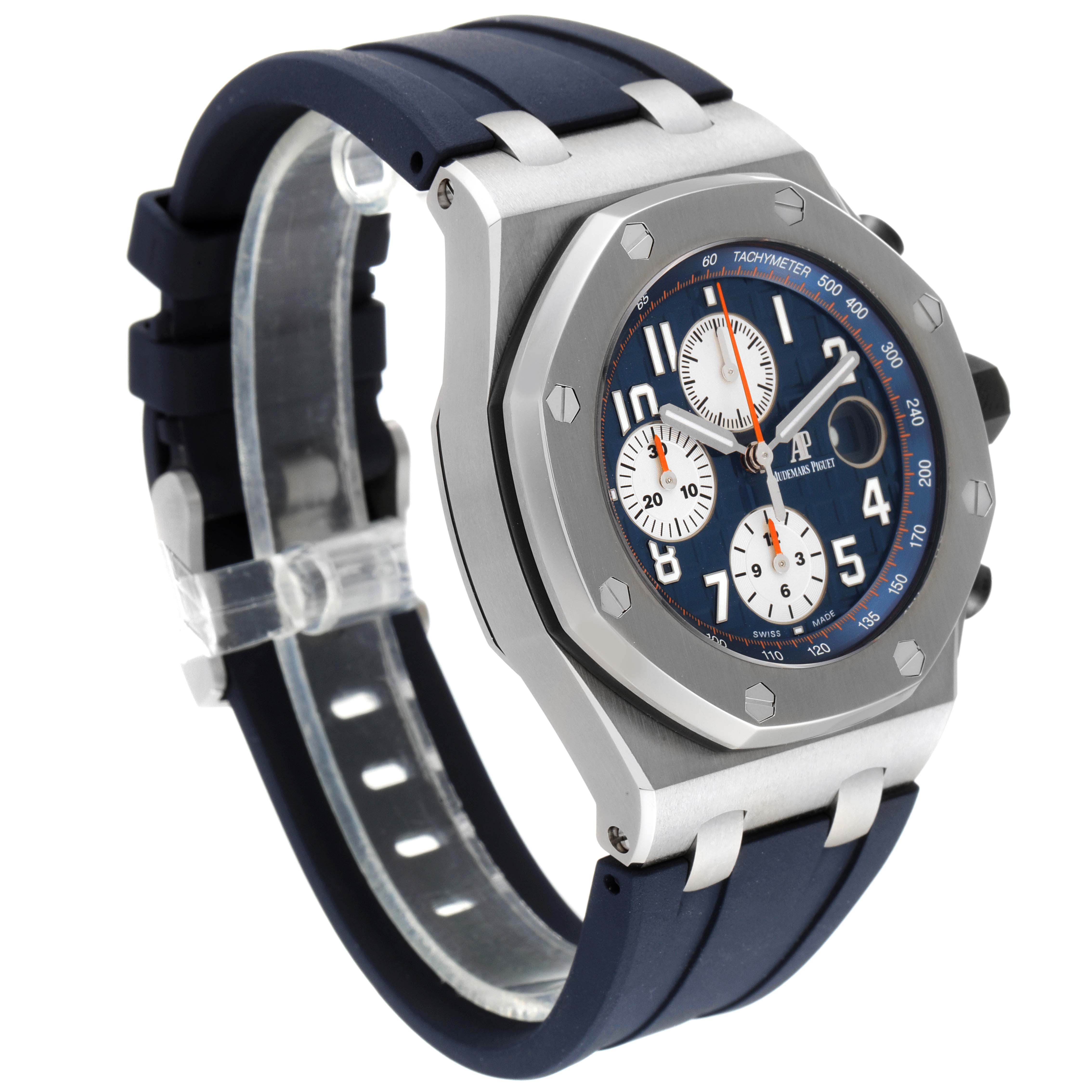 The image shows the face, bezel, and strap of an Audemars Piguet Royal Oak Offshore 26470ST.OO.A027CA.01 Men's Stainless Steel Blue Dial 26470ST.OO.A027CA.01 Men's Stainless Steel Blue Dial watch from an angled side view.