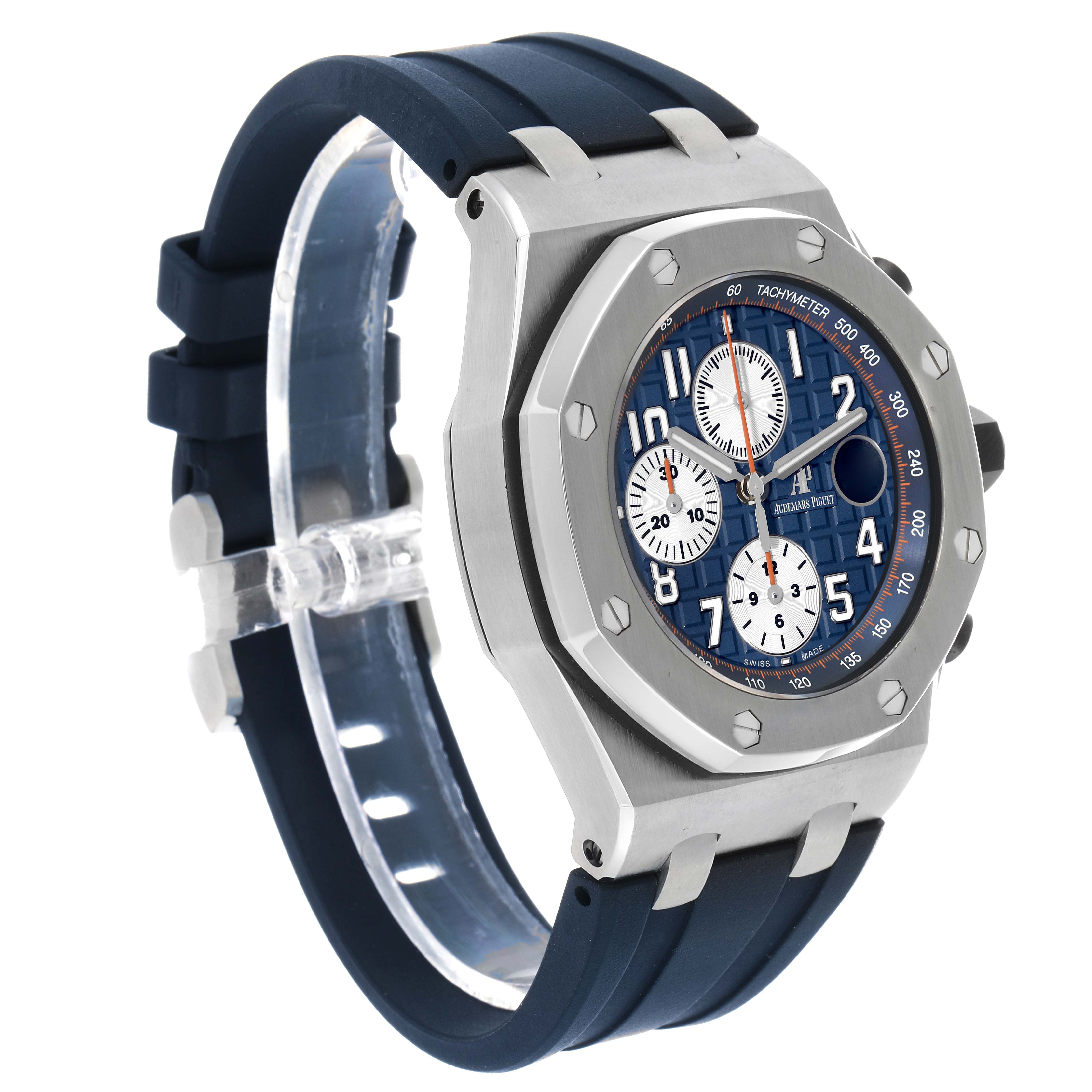 The image shows a Royal Oak Offshore by Audemars Piguet from a three-quarter angle, highlighting the bezel, dial, and strap.