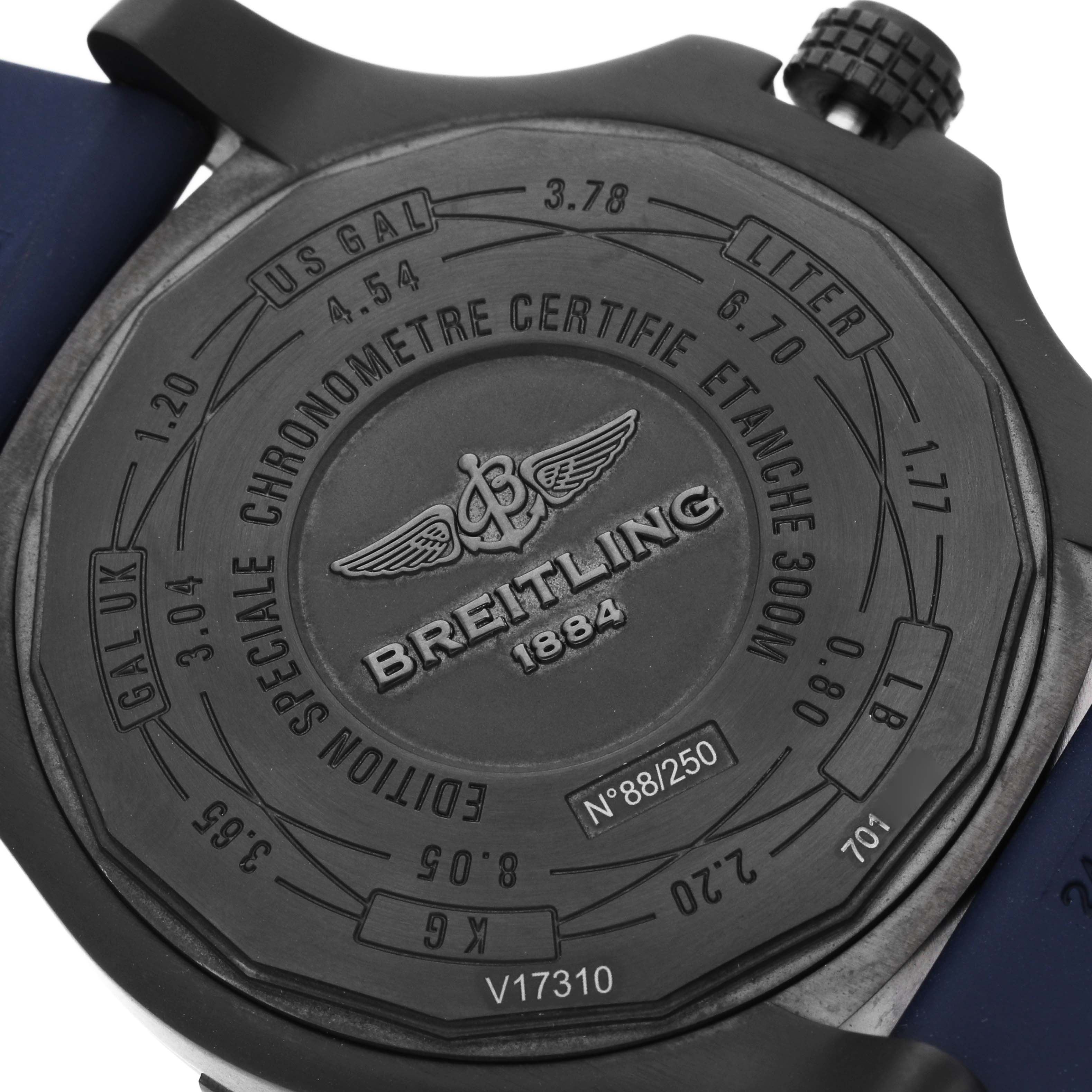 The image shows the back of a Breitling Avenger V17310A/CA23 Men's Titanium Blue Dial watch, emphasizing its case markings and branding.