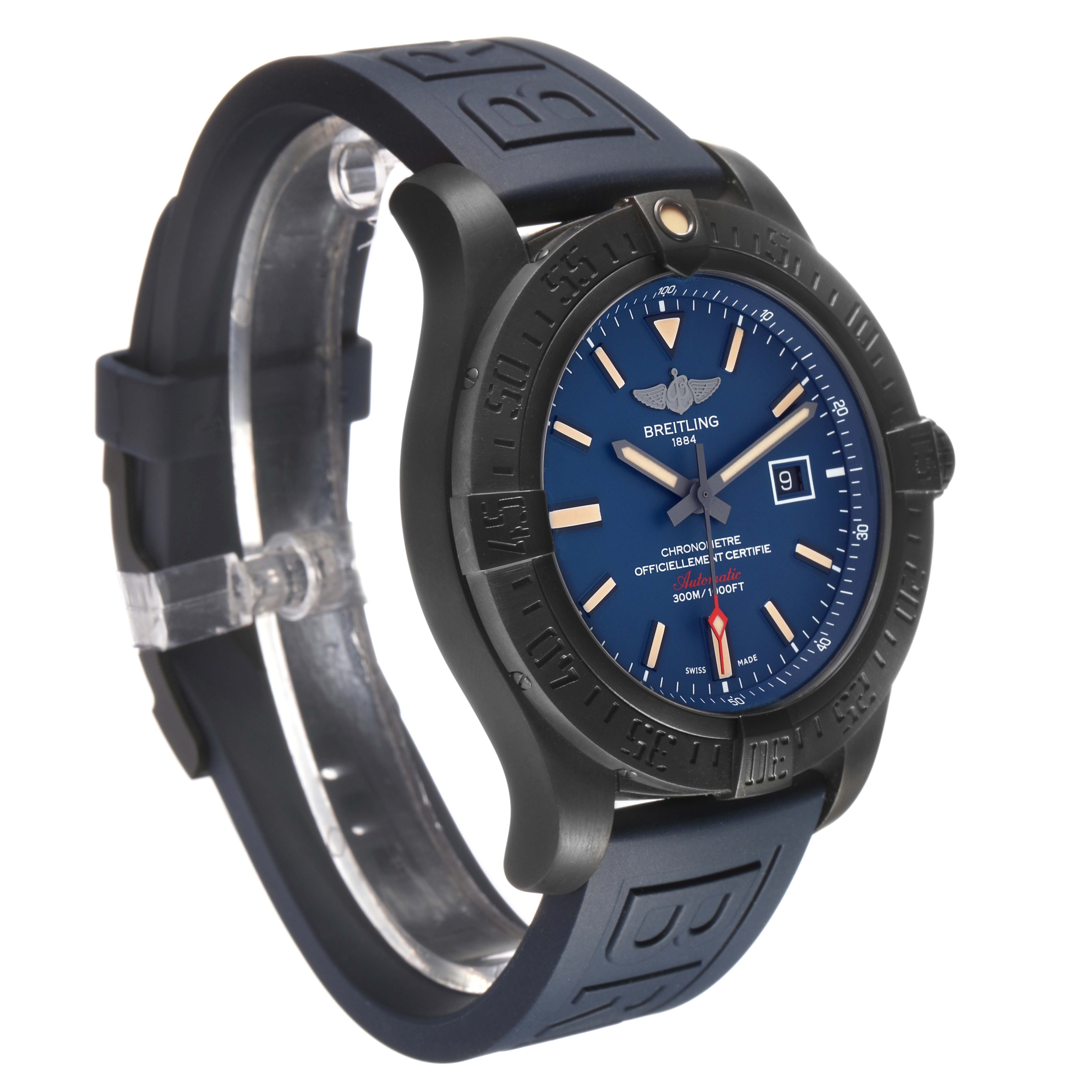 The Breitling Avenger V17310A/CA23 Men's Titanium Blue Dial watch is shown at a three-quarter angle, highlighting the dial, bezel, and rubber strap.
