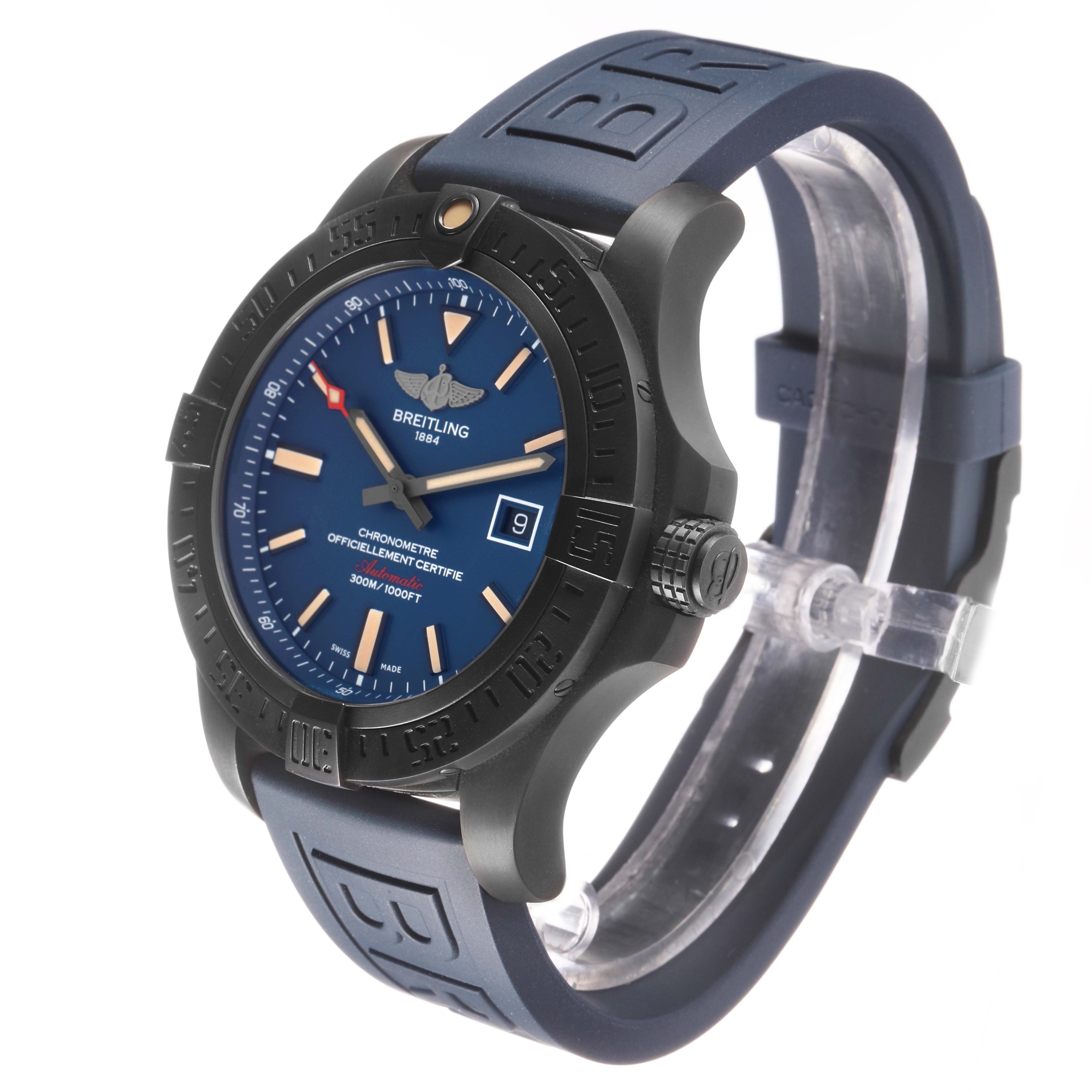 The Breitling Avenger V17310A/CA23 Men's Titanium Blue Dial watch is shown at a three-quarter angle, highlighting the face, bezel, and blue strap.