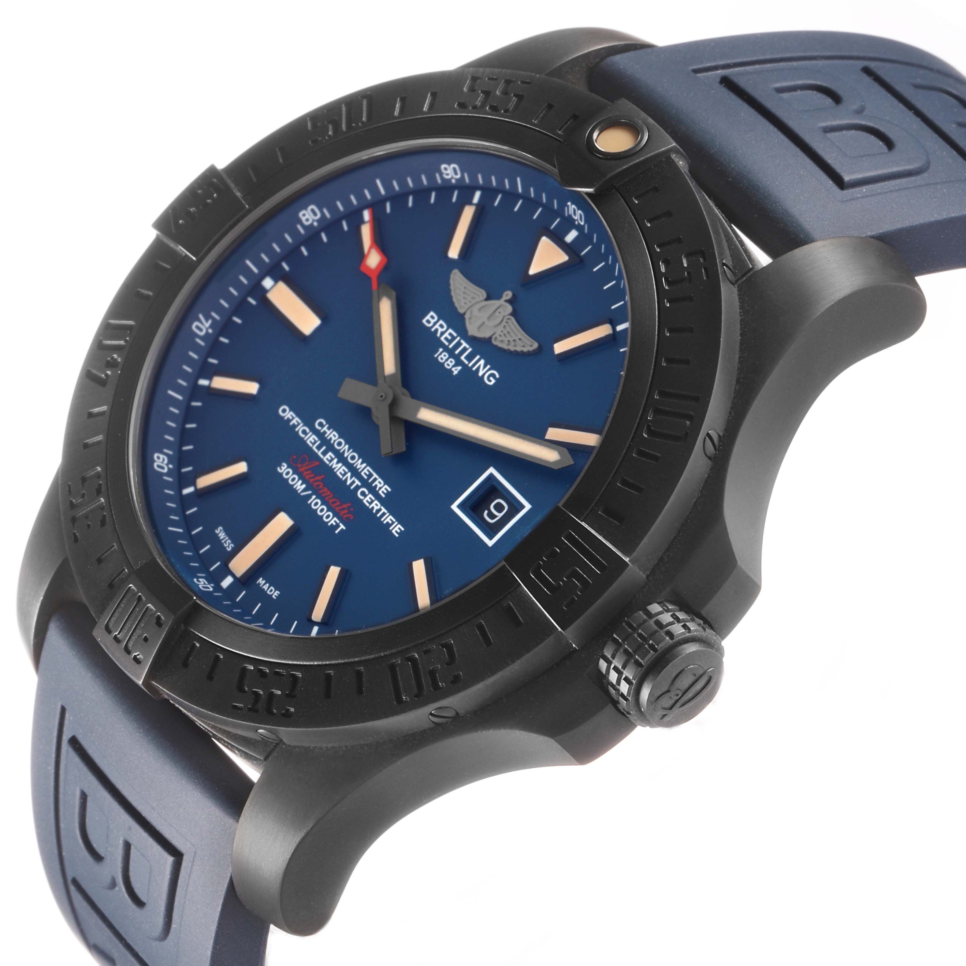 The Breitling Avenger V17310A/CA23 Men's Titanium Blue Dial watch is shown from a front angle highlighting the blue face, bezel, crown, and strap.